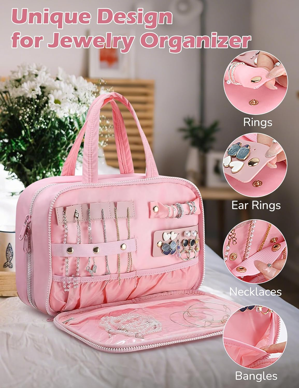 Travel Toiletry Bag for Women, Wide-Open Makeup Pouch,Hanging Toiletry Bag with Hook,Travel Storage Organizer for Skin Care Cosmetics Toiletries Full Sized Container (White) - White image number 4