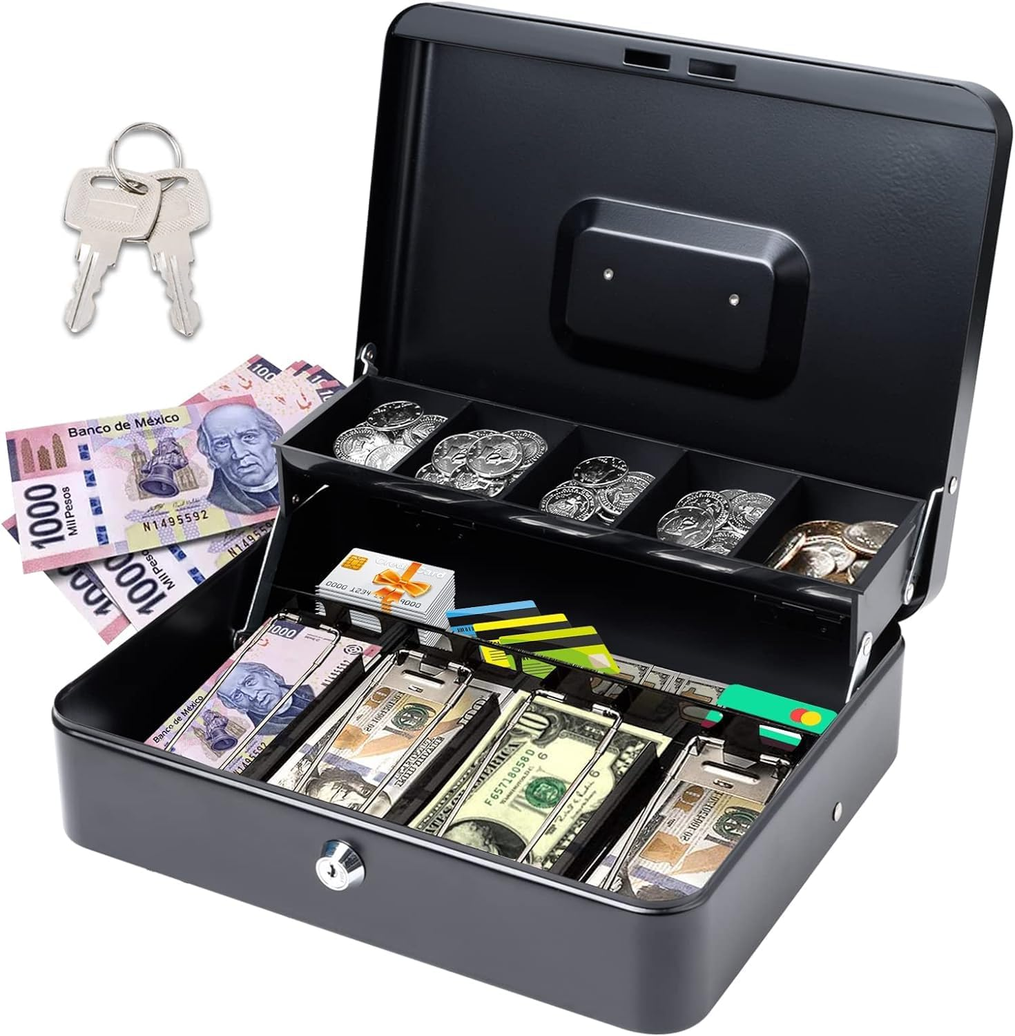 Cash Box with Keys and Security Lock, Large Money Box Cash Register,With 4 Trays for Bills and 5 Deposits for Coins, for Safe Cash Storage image number 1