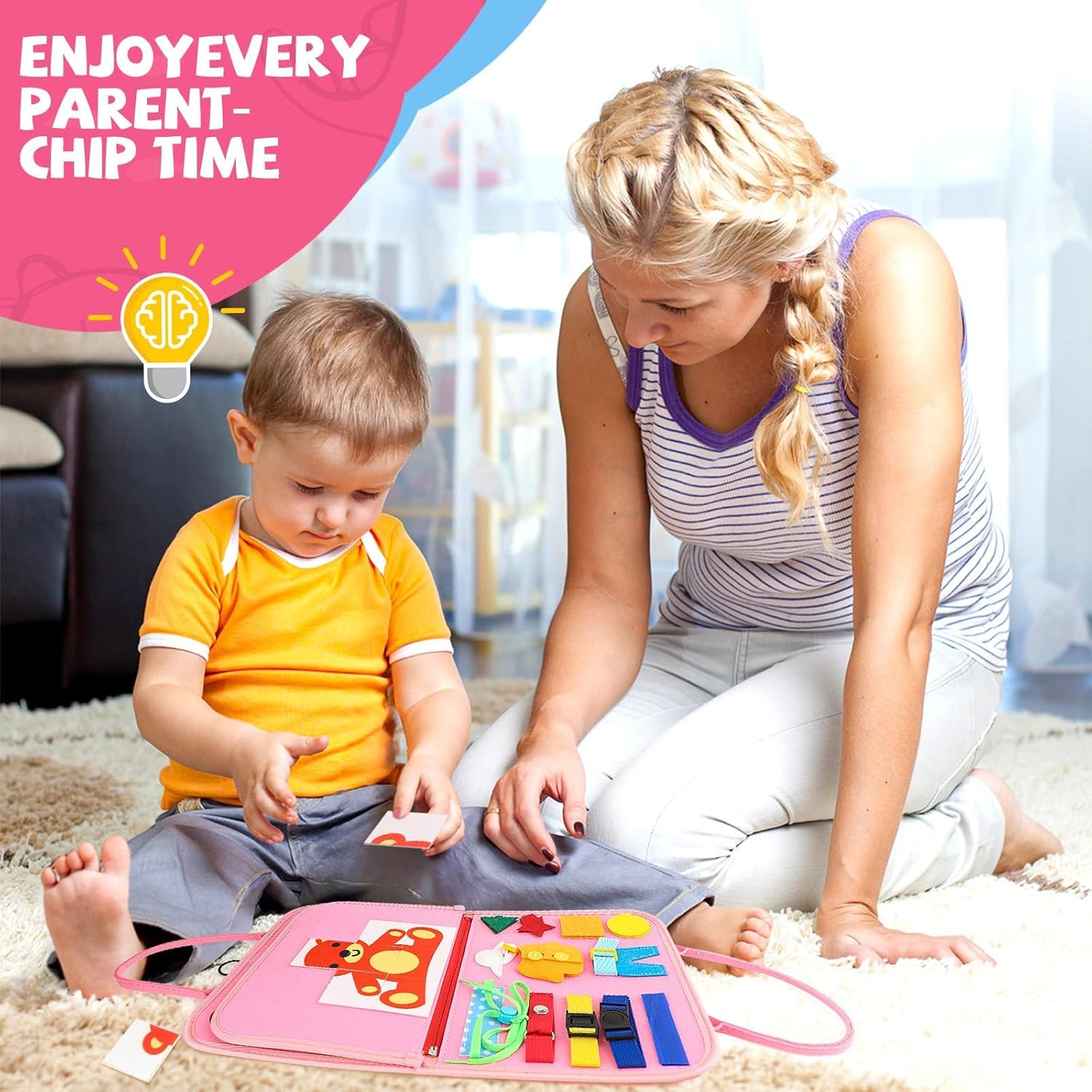 Montessori Busy Board Toys, Sensory Board for Toddlers 1-3, Travel Felt Busy Book for Airplane Car, Activity Busy Mat for Learning Fine Motor Skills Suits Boys Girls Birthday Gifts (Pink) image number 3