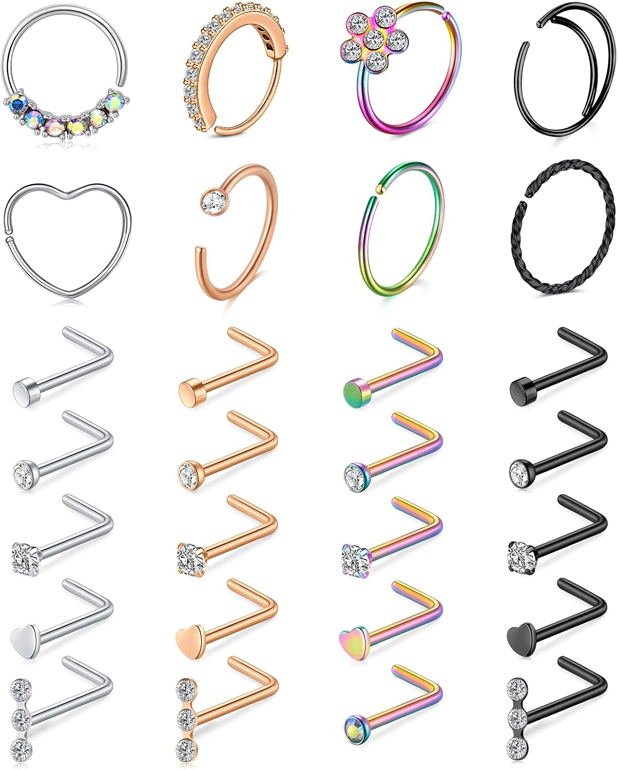 Mayhoop 20G Stainless Steel Nose Rings Hoop L Shape Nose Studs Nose Screw Bone Silver Rose Gold Black Rainbow Pack for Women Men 28Pcs - 2Silver image number 6