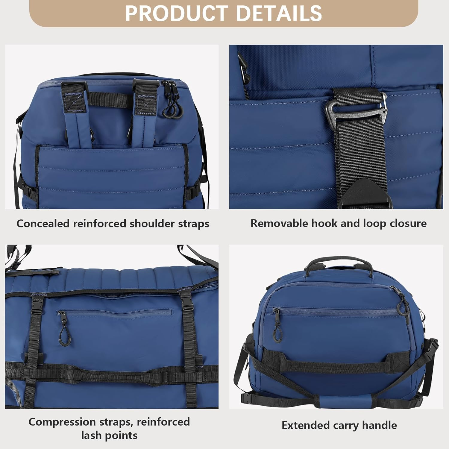 CONTAIL 86L Foldable Wheeled Duffel Backpack with Padded Quilted Bottom, Waterproof Collapsible Travel Duffle Bag with Extended Web Handles, Navy, Litle, Expandable Luggage with Spinner Wheels image number 5