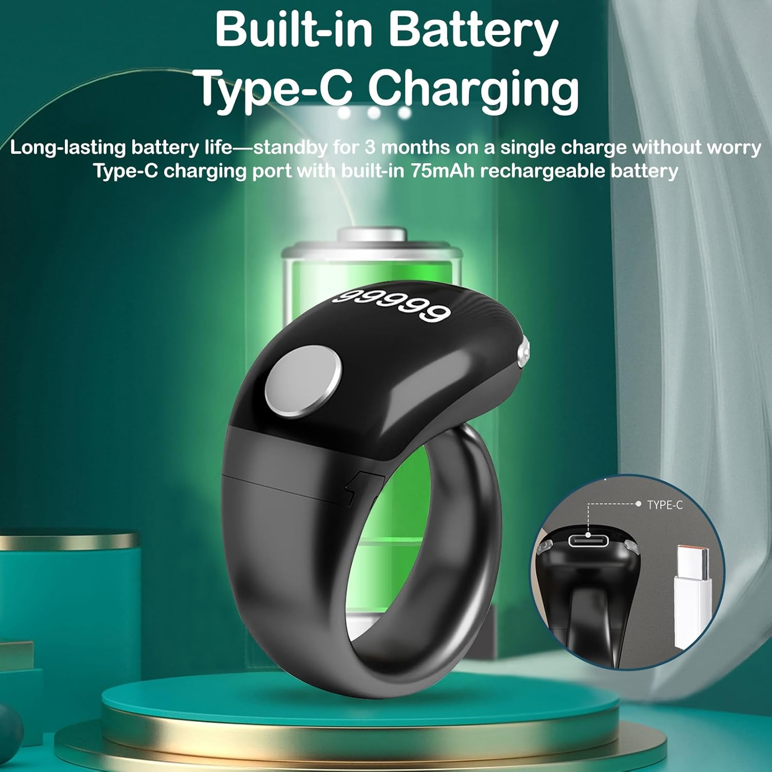 YUENTOEN Smart Ring Counter, Tasbih Finger Counter, Digital Finger Rings Counter with OLED Screen, Adjustable 18Mm/20Mm/22Mm Ring Holder Counter for Prayer Time Reminde, Black