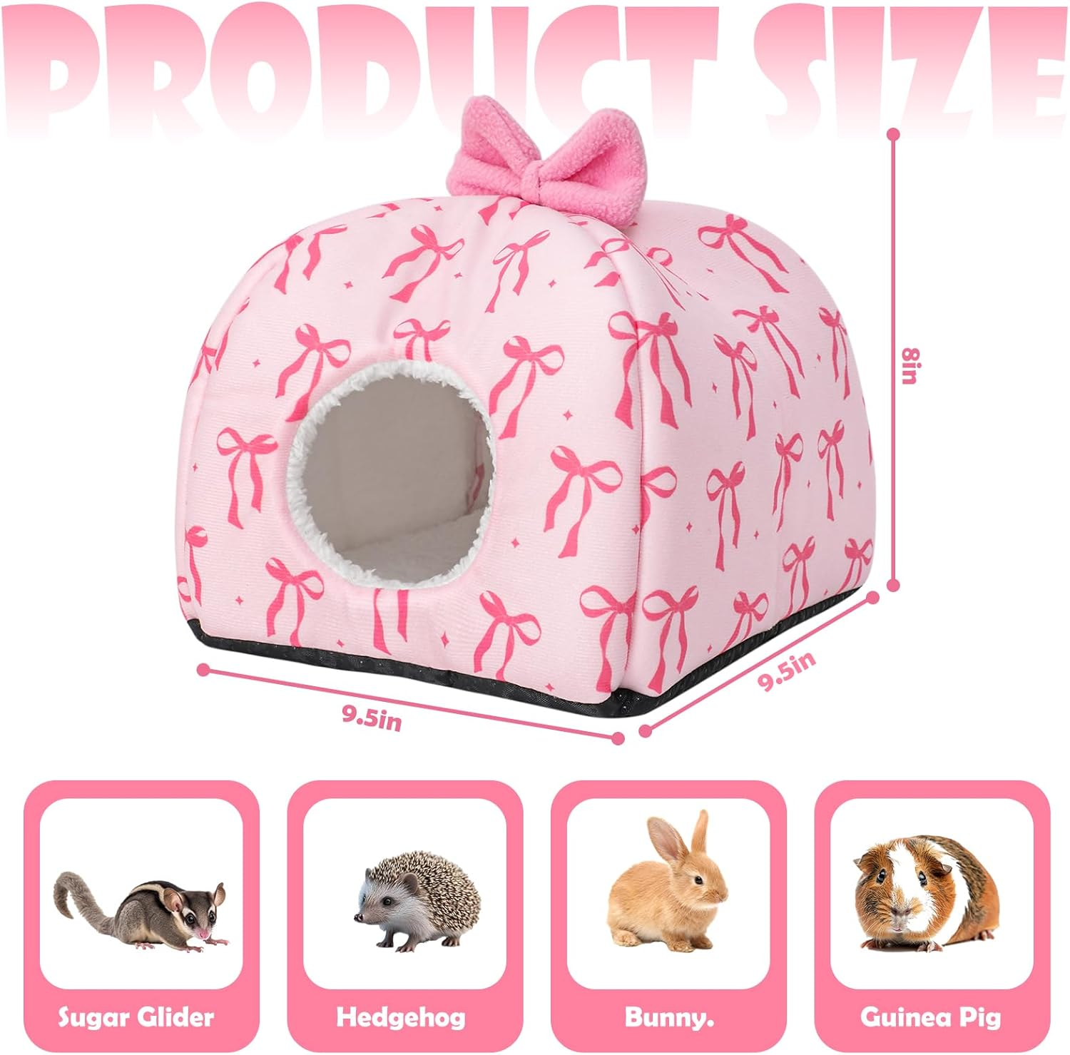 Jarthenaamcs Washable Guinea Pig House Bed Pink Bow Bunny Hideout Cage Accessories Reusable Hideaway for Ferret Hedgehog Small Animal, 9.5 X 9.5 X 8 Inch