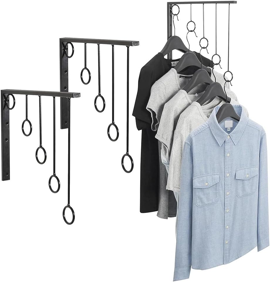 3 Pack Wall Mounted Black Metal Clothes Hangers, Clothing Display Rack with 5 Hanging Rings for Entryway, Foyer, Bedroom, Laundry Room, Store, Bathroom (Black) image number 4