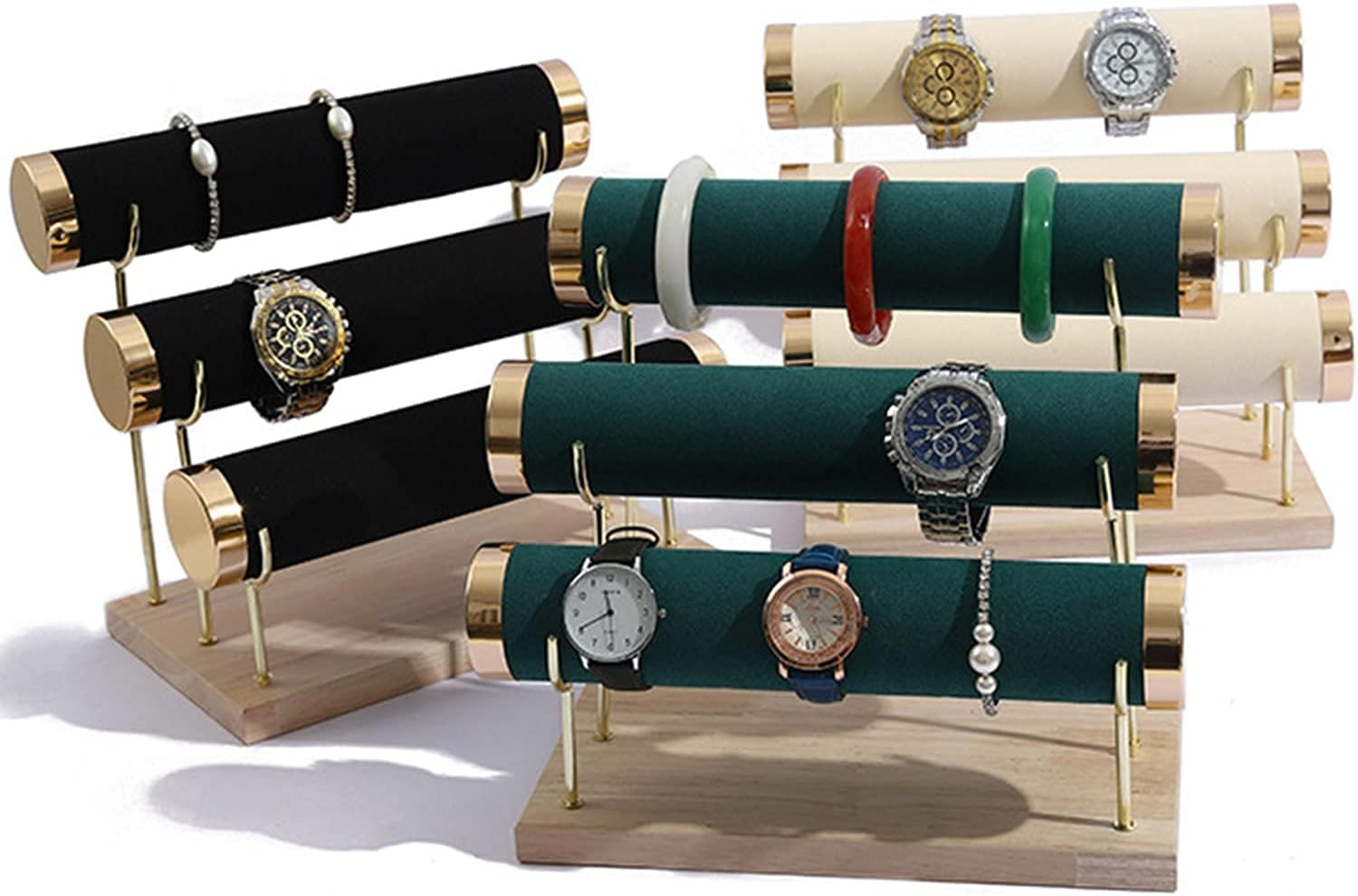 Jewelry Towers with Three Tier Racks, Detachable Black Velvet Gilt-Edging Bracelet Display Stand - Green image number 4