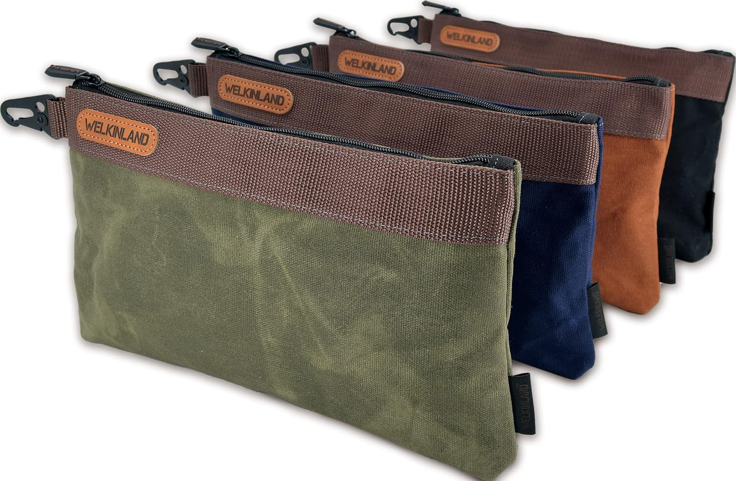 WELKINLAND 4PCS Heavy-Duty Canvas Tool Pouches, 12" Waterproof Waxed Canvas Zipper Tool Pouch Set, Black/Olive/Navy/Brown image number 4