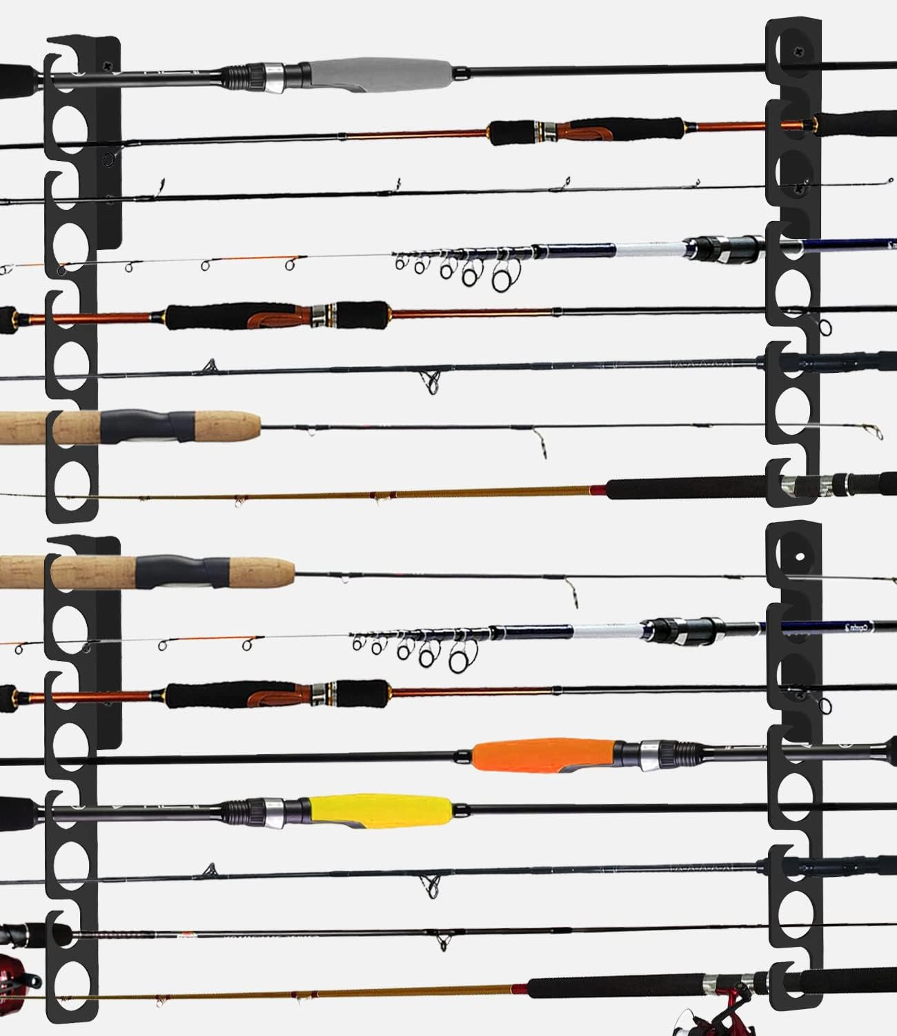 Fishing Rod/Pole Rack Holder Storage Organzier Display Hooks Hanger Wall or Ceiling Mounted Metal Holds up to 16 Rods Racks Vertically Horizontally for Garage Cabin and Basement Porch Ease of Use