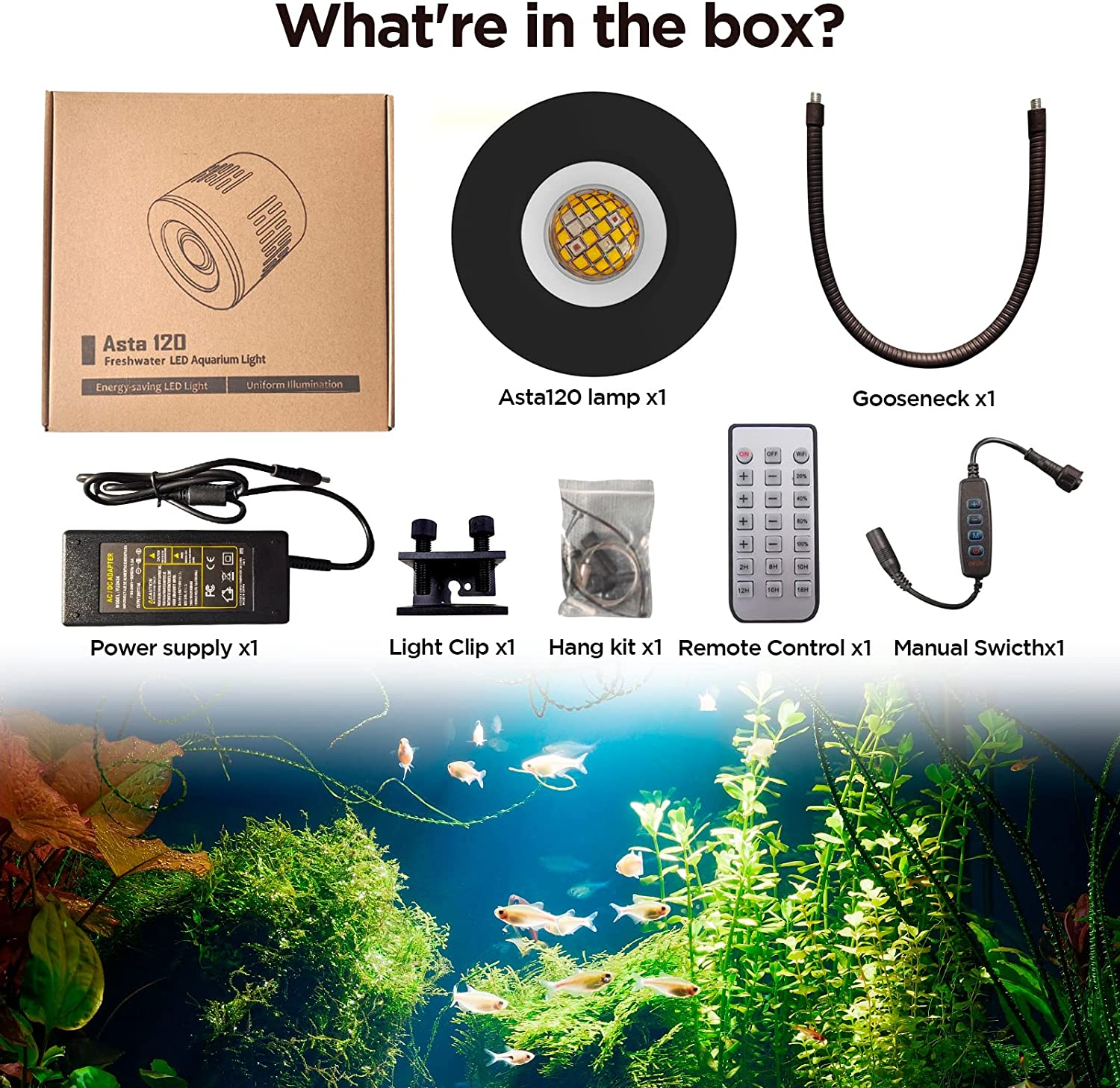 LED Aquarium Light, Dimmer Control 0-100% Brightness 70W Planted Fish Tank Light Asta120 Clamp Clip Lamp for Freshwater Refugium Algae Fish Tank with Gooseneck image number 1