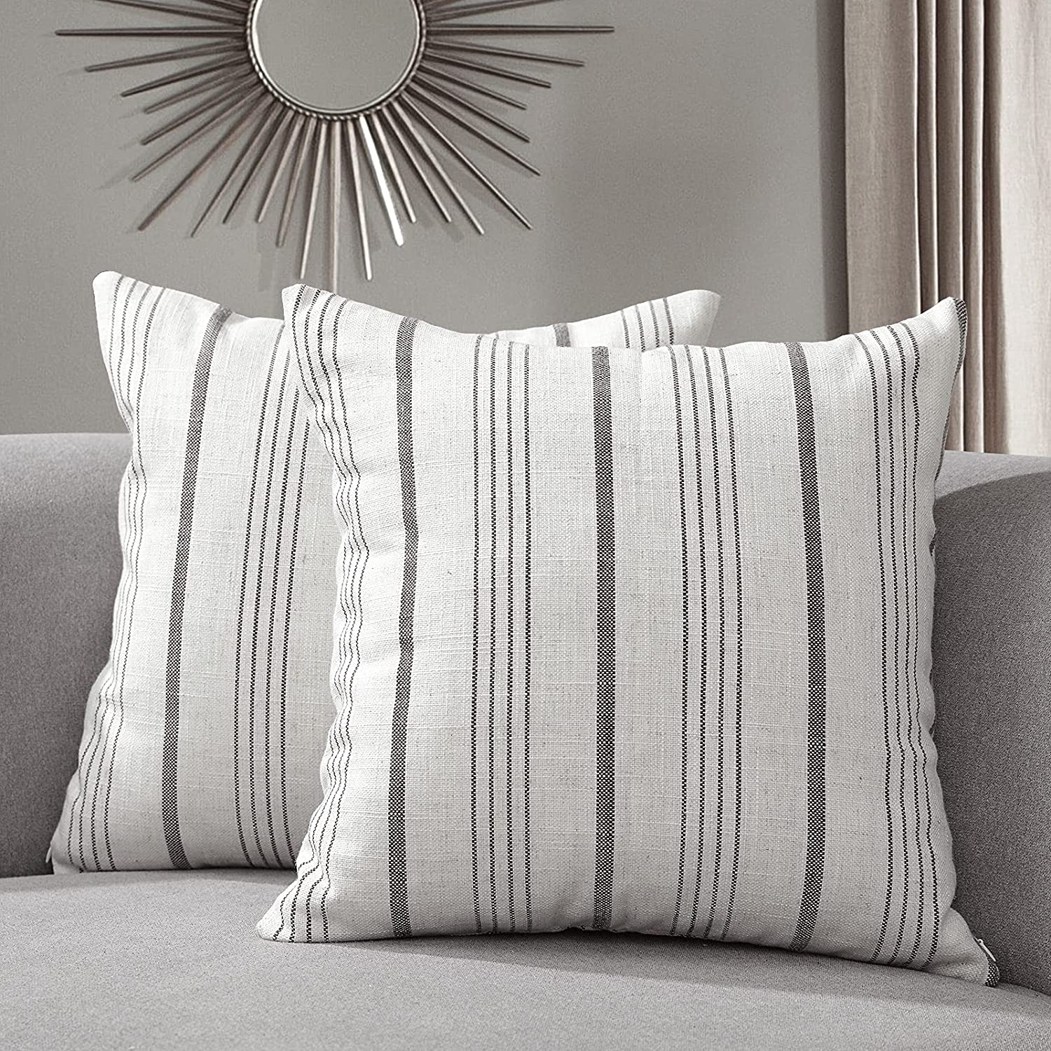 Sunlit Decorative Farmhouse Throw Pillow Case, Set of 2 Cream/Off-White with Gray Stripes Modern Accent Square Pillow Cover, 26" X 26", Textured Linen Throw Cushion Covers for Couch Chair Bedroom
