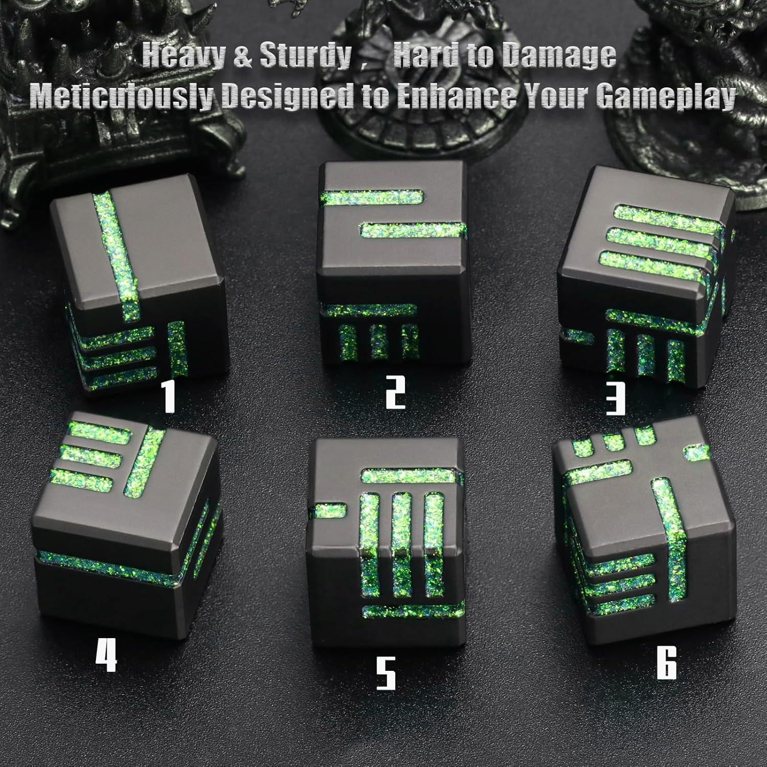 D6 Metal Dice Set 6 Pcs, Unique 6 Sided Die Great for DND Tabletop RPG Dungeons and Dragons Dice Collectors Gifts (D6 Black Green) - D6 Black Green image number 6