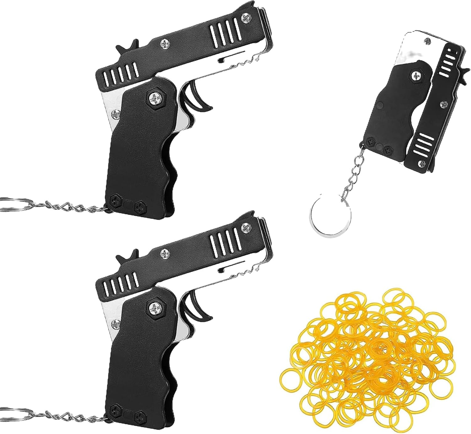 2Pcs Rubber Band Gun,Elastic Band Gun with 120 Pcs Soft Elastic Rubber Bands Metal Folding Rubber Launcher Toy Keychain for Teens Adults Shooting Outdoor Indoor Activities Game(Black) image number 4