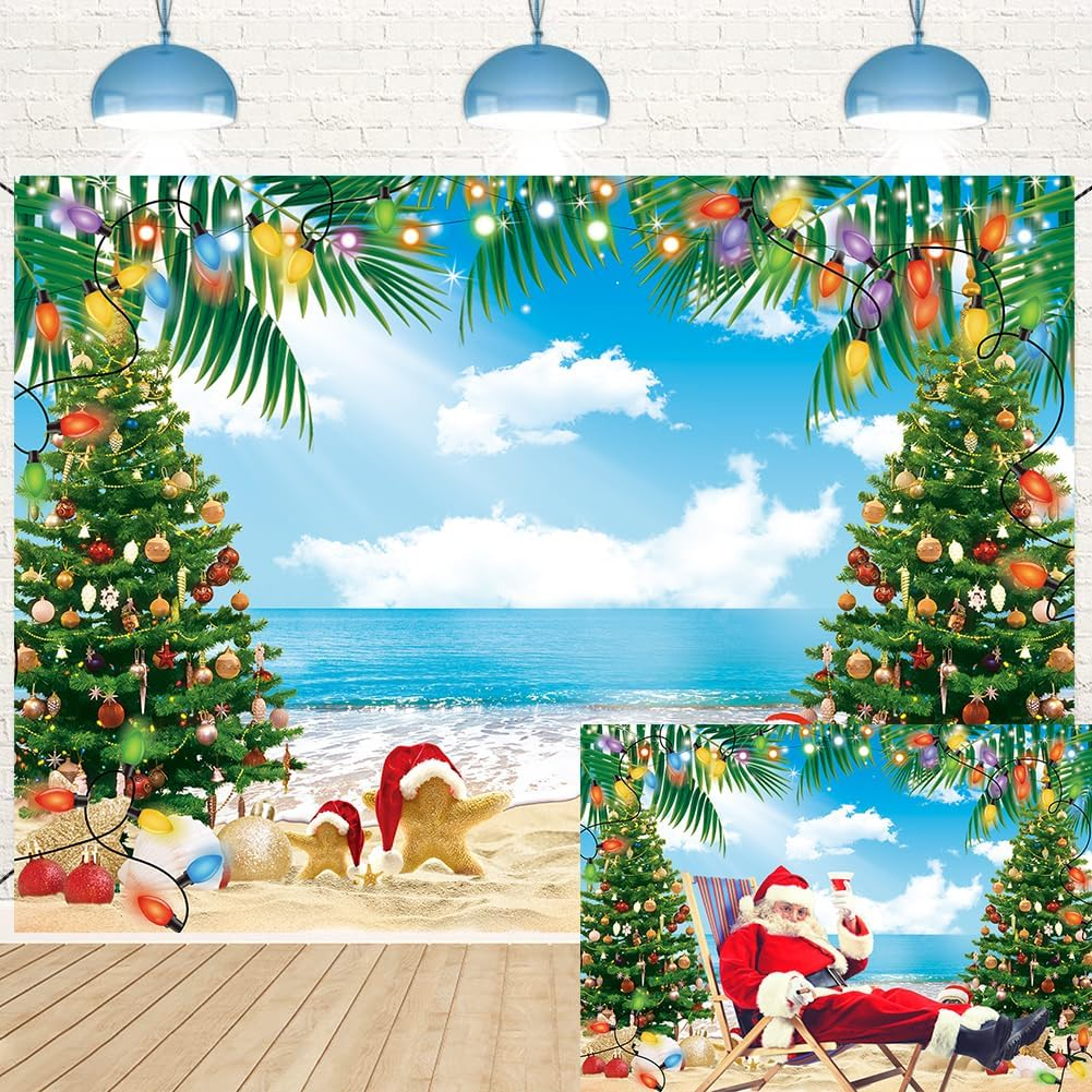July Christmas Backdrop 7X5Ft Summer Beach Christmas Tree Decoration Photography Background Tropical Hawaiian Party Supplies Photo Props image number 3