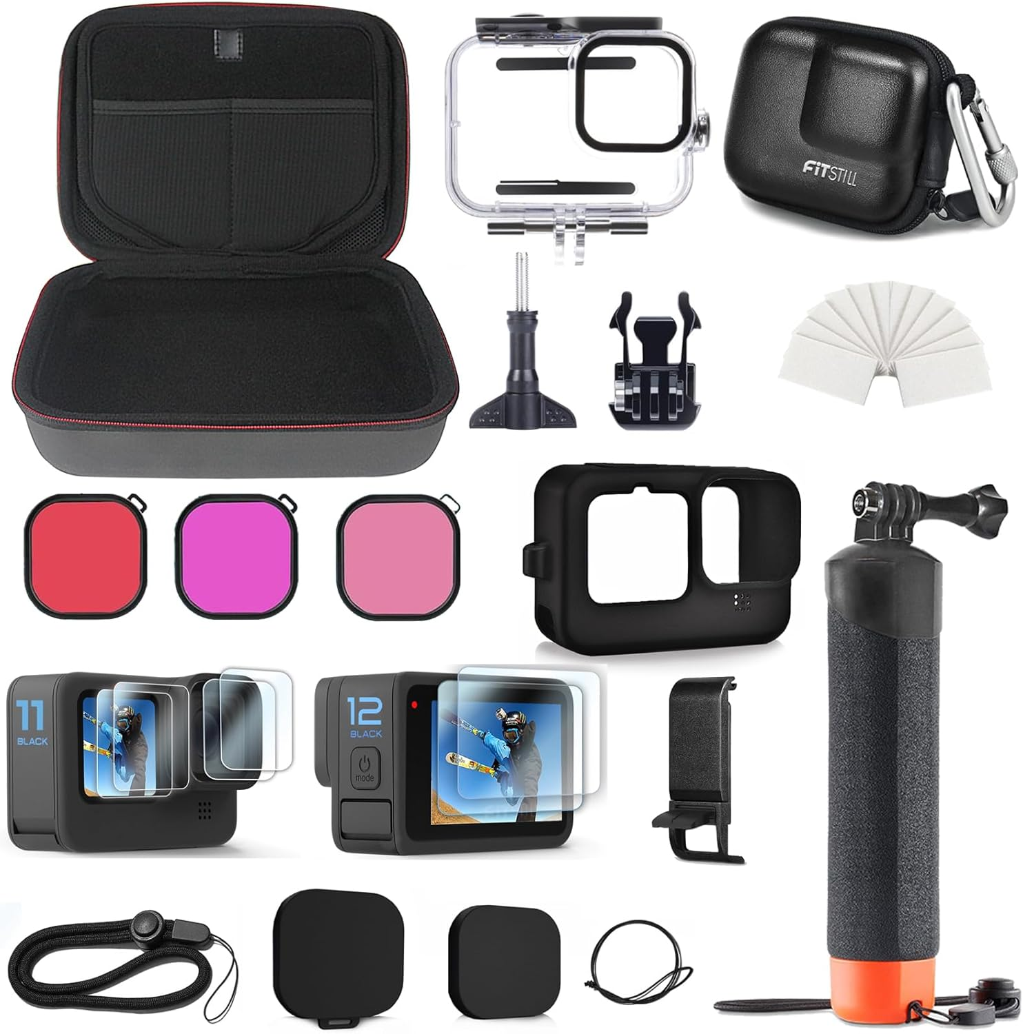 Fitstill 60M/196FT Underwater Waterproof Case with Dive Filters Compatible for Go Pro Hero 12 Black/Hero 11 Black/Hero 10 Black/Hero 9 Black,Monopod Floating Hand Grip Dive Accessory Kit image number 1