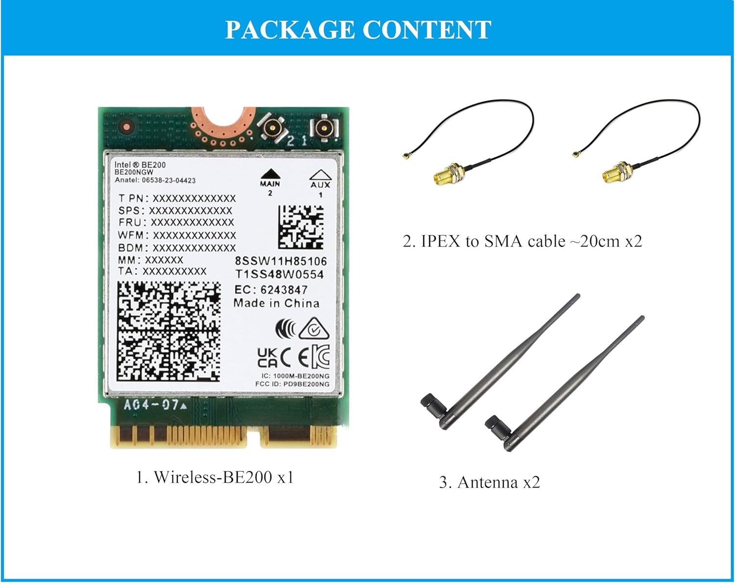 Wifi 7 Wireless Card Wireless BE200 NIC Gigabit Tri-Band Wi-Fi 7 2.4G/5G/6Ghz 5800Mbps M.2/NGFF, IEEE 802.11A/B/G/N/Ac/Be/Ax Standard, Bluetooth 5.4, Support Linux, Windows 10/11, Etc. image number 1