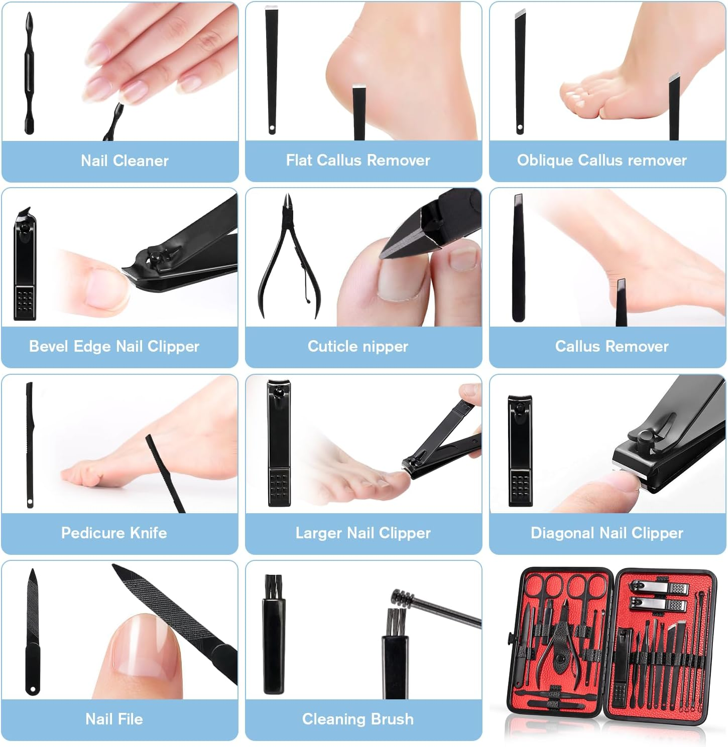 Manicure Set Nail Set 23-Piece Pedicure Set Nail Clippers Stainless Steel Portable Nail Scissors Set with PU Leather Case Nail Care Set Professional All-Round Hand Foot Care Kit for Men and Women Black Red image number 5