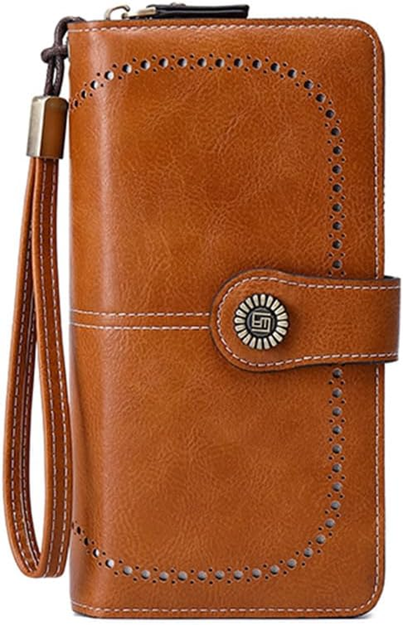 Women Long Wallet Retro Oil Wax Leather Hollowing Out Purse RFID Blocking Credit Card Holder Cute Ladies Girl Travel-Black