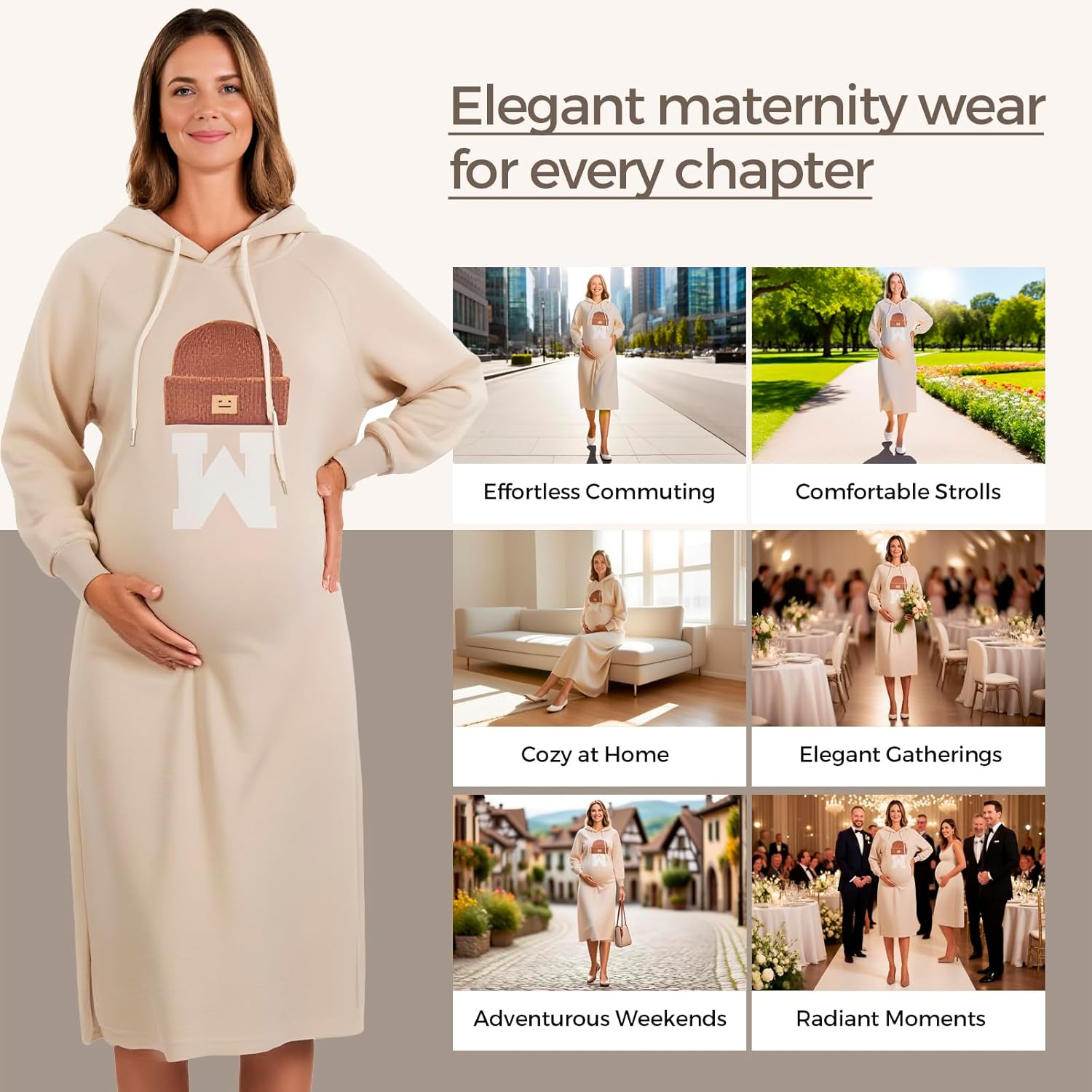 Maternity Hoodie Dress with Pockets &ndash; Casual Loose Fit Mid-Length Sweatshirt Dress for Pregnancy Spring Fall image number 3