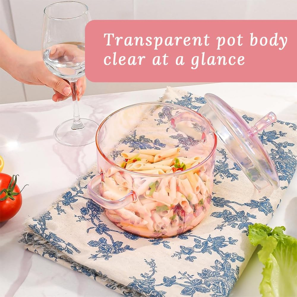 GUDAJIN Pink Transparent Glass Pot, 1500 Ml Soup, Stew, Cooking Pot, Heart-Shaped Handle Lid, Suitable for Pasta, Soup, Milk, Noodles, Vegetable Soup and Salad (Pink) image number 4