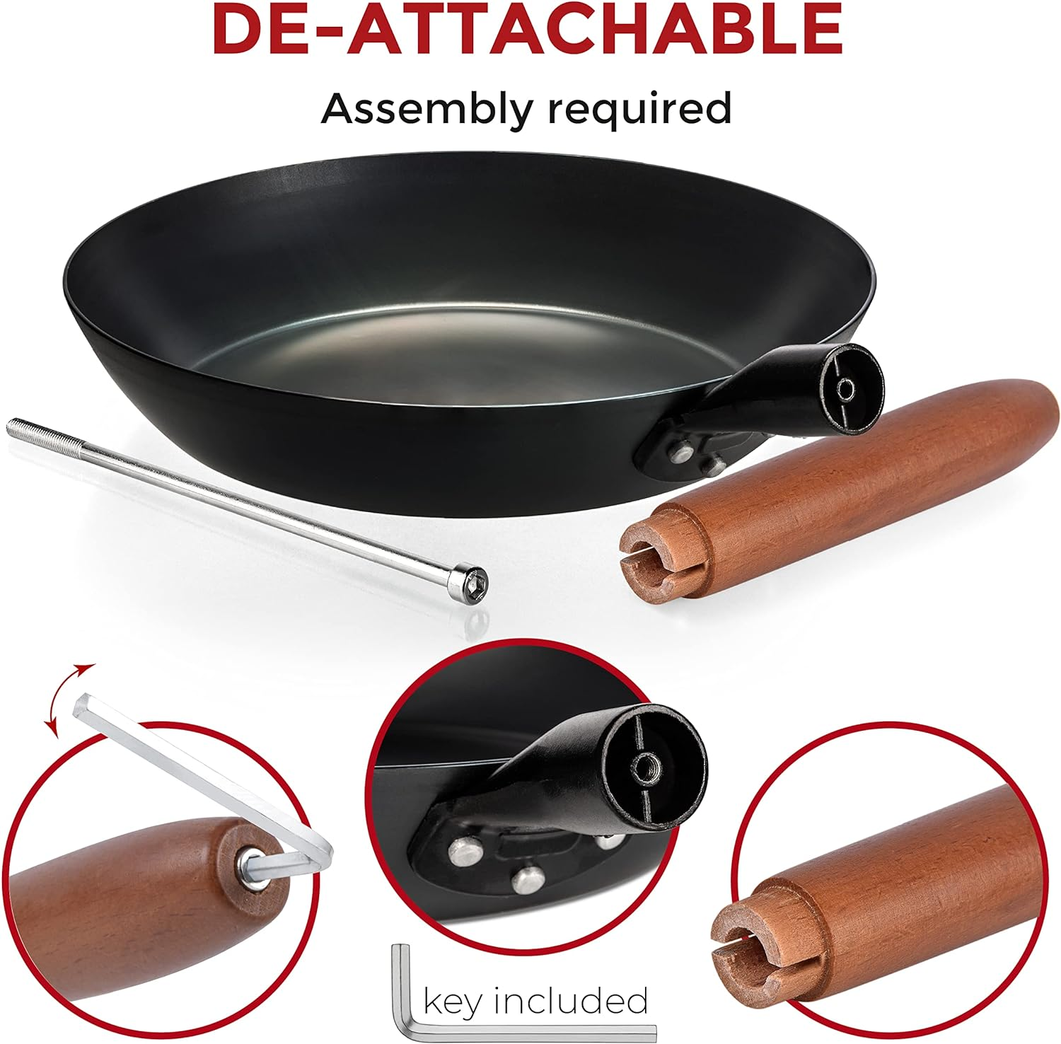 No Coating Carbon Steel Pan - Durable 26 Cm Frying Pan - 26 Cm Pans for Cooking Healthy and Delicious Meals - Carbon Steel Pan with Removable Heat-Resistant Wooden Handle - Easy to Clean Fry Pan&hellip; image number 3