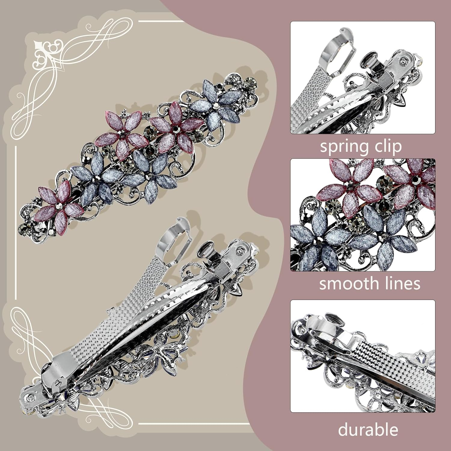 Teaaha Pack of 2 Elegant Hair Clips for Women Girls Hair Clip with Crystal Flower Clip Glitter Exquisite Hair Accessories French Style Vintage Hair Accessories (Pink and Blue/Black and Blue) image number 6