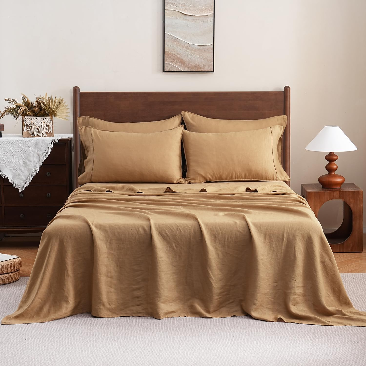 S VICTORY SYMBOL Pure Washed Linen Sheets Set Queen Size,European Flax Linen Bed Sheets(1 Flat Sheet,1 Fitted Sheet,2 Pillowcases) Breathable Soft Durable Boho Farmhouse Bedding-Pumpkin