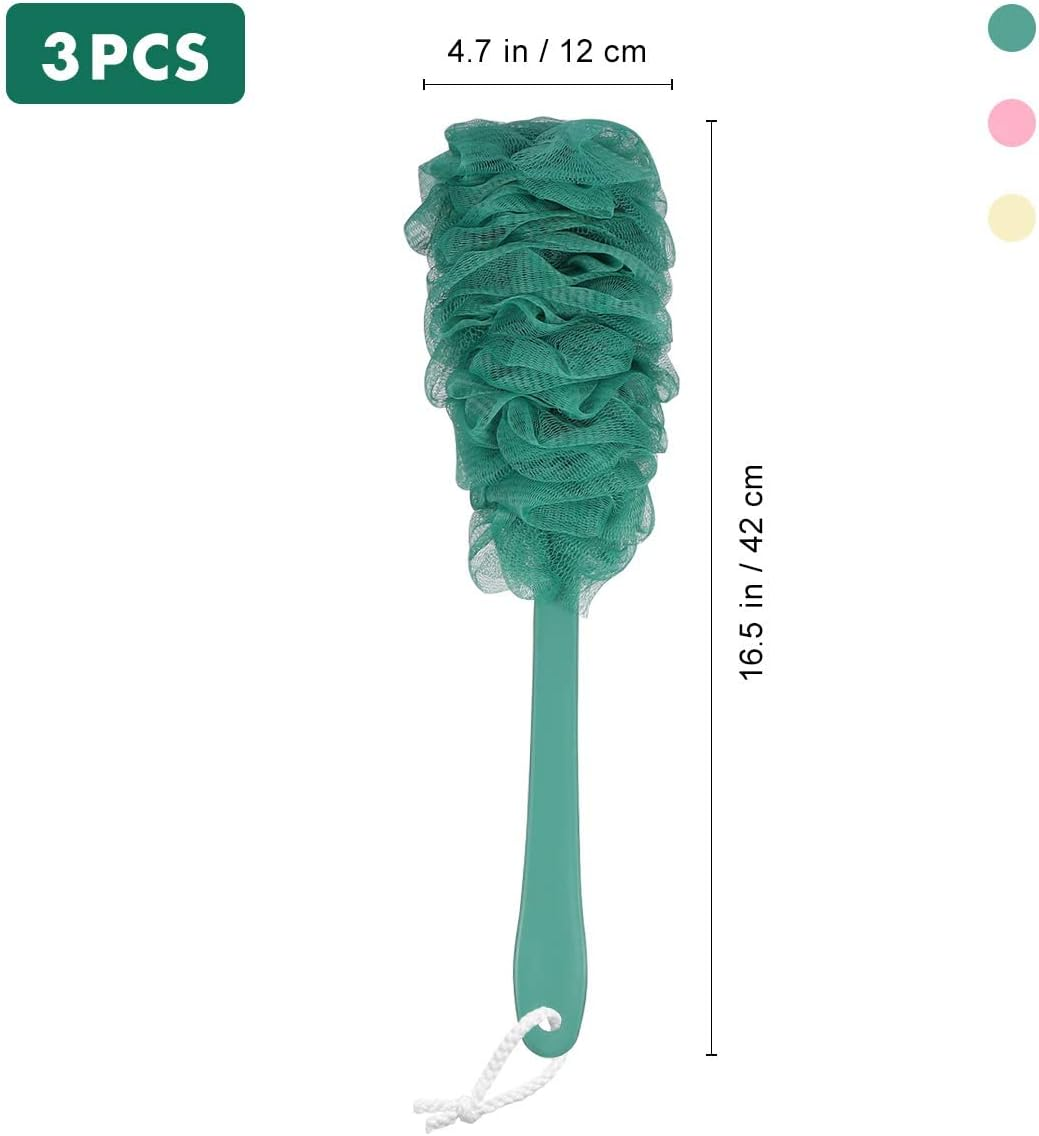 3 Pcs Shower Ball Mesh Pouf, Back Scrubber Loofah with Long Handle Bath Brush Soft Body Sponge for Adults Teens Kids image number 3