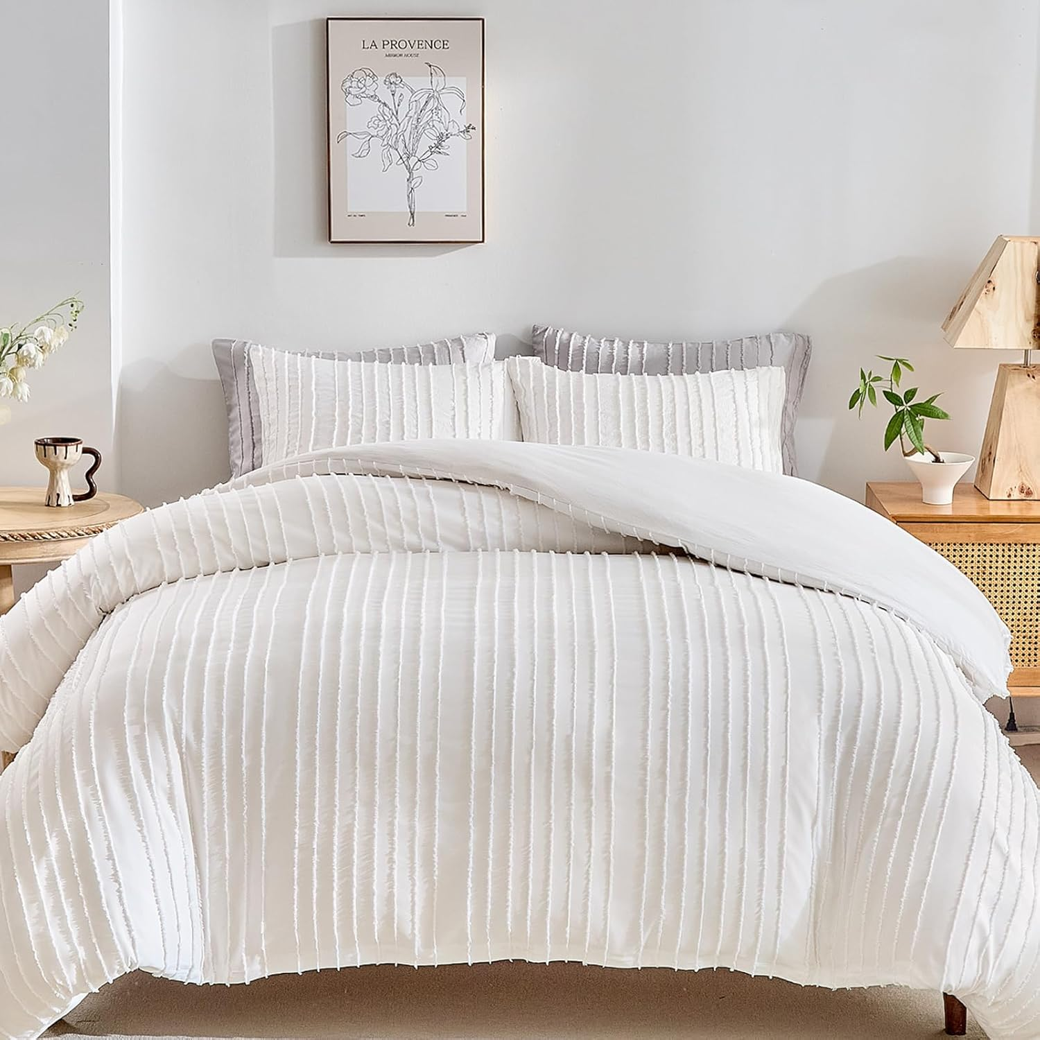 WARMDERN White Boho Duvet Cover Set King Size, Striped Textured Duvet Cover Tufted Bedding Set, 3 Pcs Ultra Soft Washed Microfiber Duvet Cover with Zipper Closure (Queen, White) image number 7