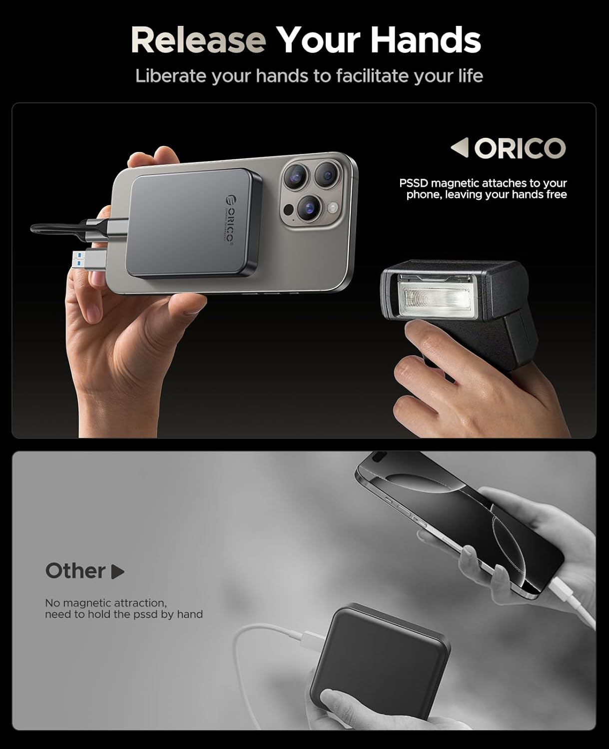 ORICO 1TB Magnetic Portable SSD, Metal Body, 4K 120 Fps Prores HDR Record and Store, up to 460Mb/S, USB C&A 2 in 1 Cable, External SSD Compatible with Iphone 16 Pro Max, Tablet, Computer - K5PLUS image number 5