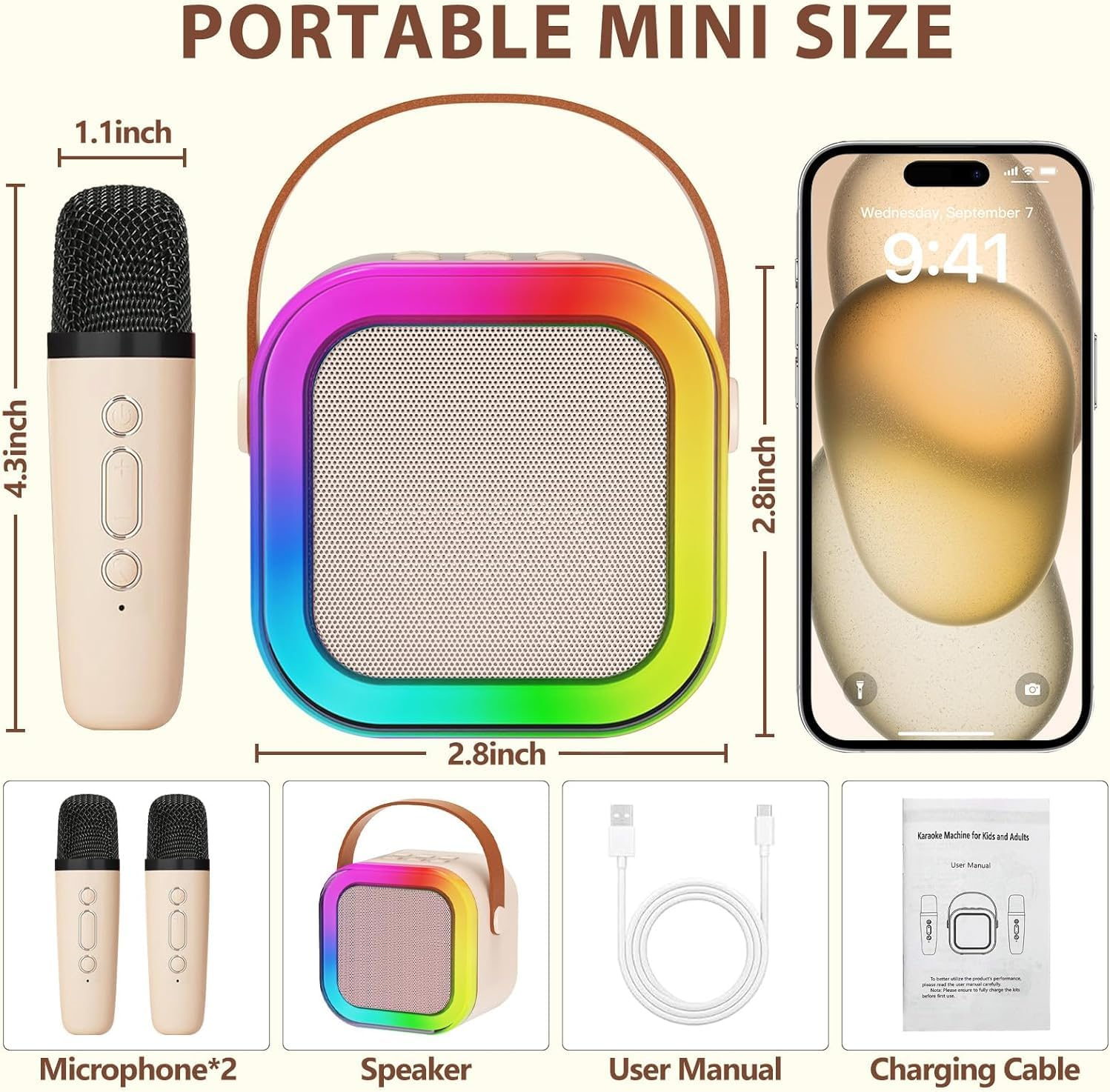 Karaoke Machine,Portable Karaoke Machine with 2 Wireless Microphone, Mini Bluetooth Speaker for Adullts and Kids, Best Gifts Toys for Kids Gifts -White image number 4