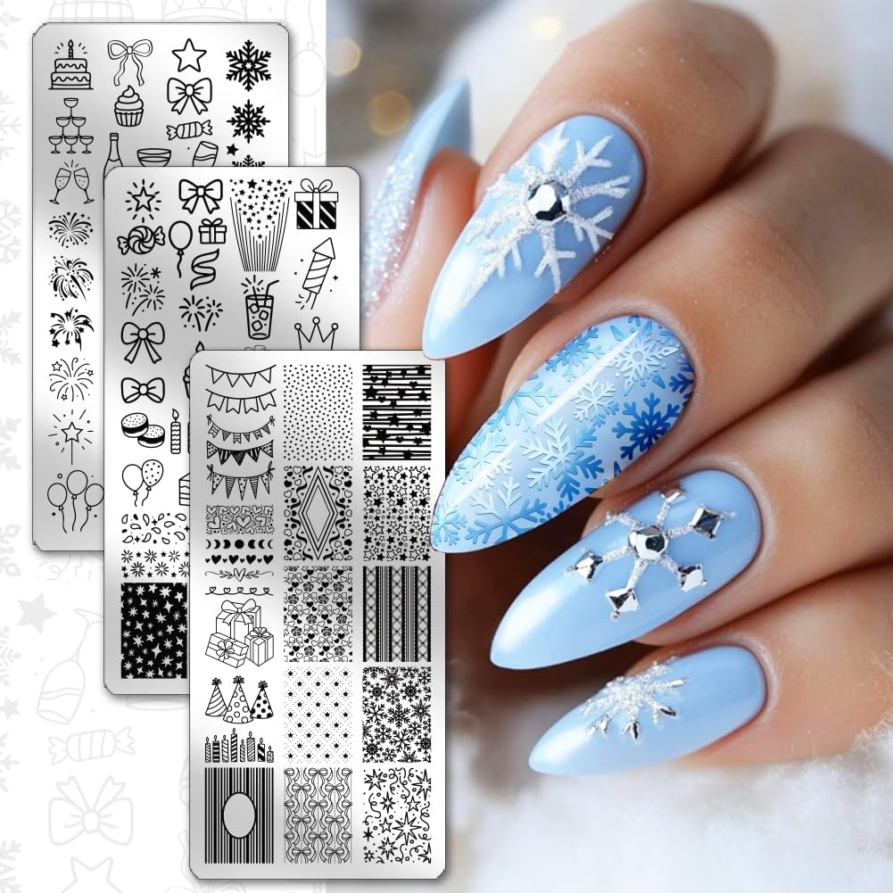 PH Pandahall Pack of 3 Cheer Nail Stamping Plate Bow Cake Gift Fireworks Snowflake Nail Art Templates Beautiful Stencils Stainless Steel Picture Plates for Birthday Christmas Holiday Winter image number 3