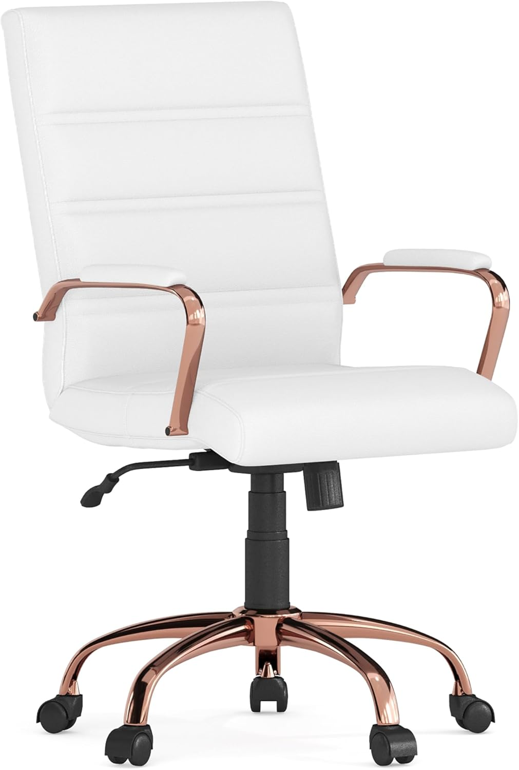 Flash Furniture Mid-Back White Leather Executive Swivel Chair with Rose Gold Frame and Arms