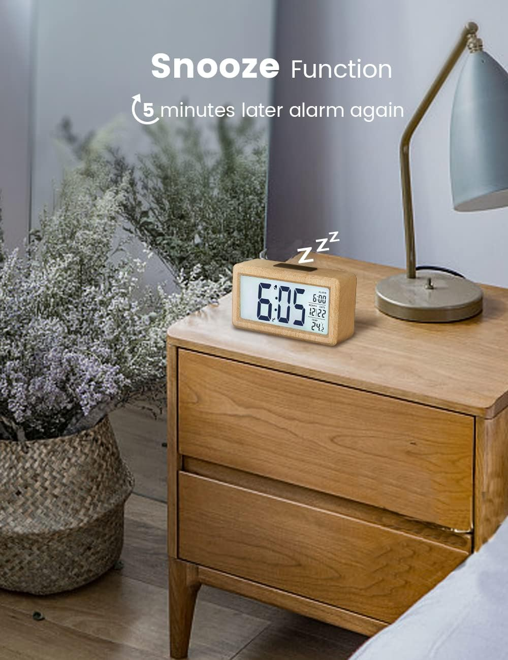 Aboveclock Digital Alarm Clock, Wooden Bedside Clock with Large LCD Backlit Display, Temperature, Snooze Function, Brightness Sensor, 3 AAA Battery Operated【Battery NOT Included】