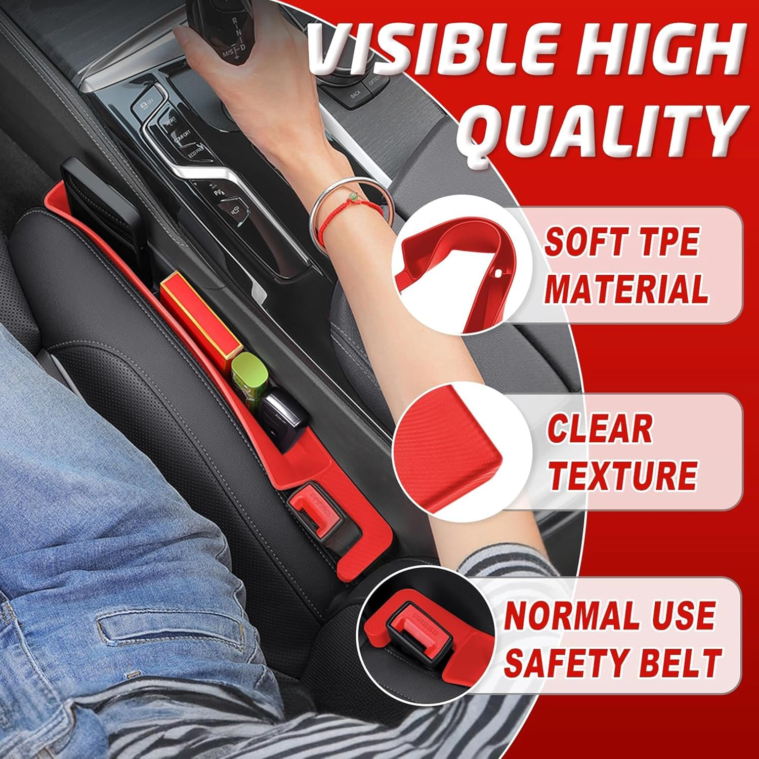 2PCS Car Seat Gap Filler Organizer,Multifunctional Car Gap Fillers with USB and Phone Holder,Auto Interior Accessories,Universal Car Seat Storage Organizer between Seats for Phone,Keys (Red) - Red image number 5