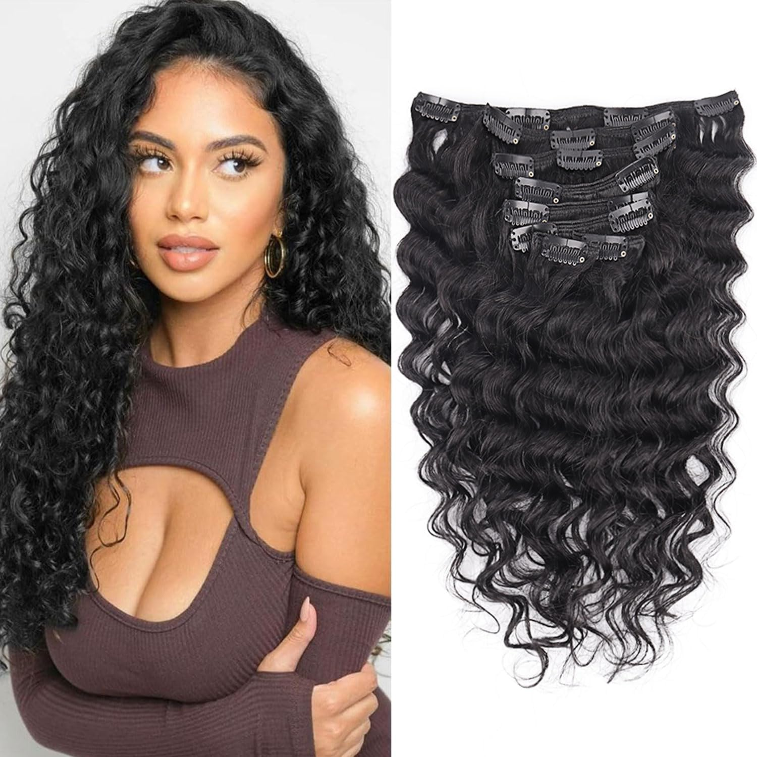 Fulang Hair Kinky Curly Clip-In Hair Extensions Real Hair 45 Cm 8 Pieces 120 G Dark Brown Hair Pieces Real Hair Extensions Clip-In Hair Extensions for Women