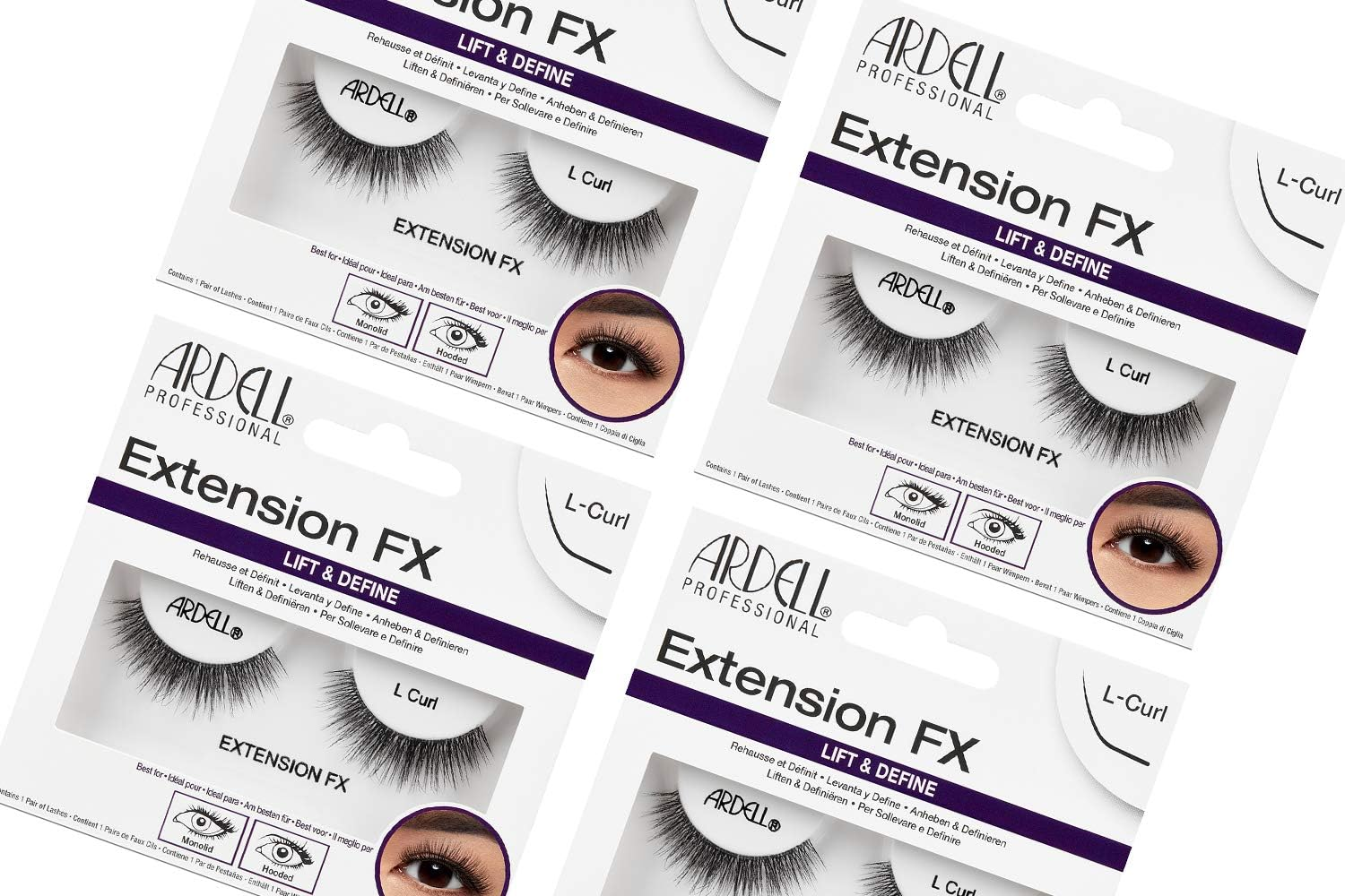 Ardell Extension FX D Curl False Eye Lashes for Eye Widening Effect, 4 Pack