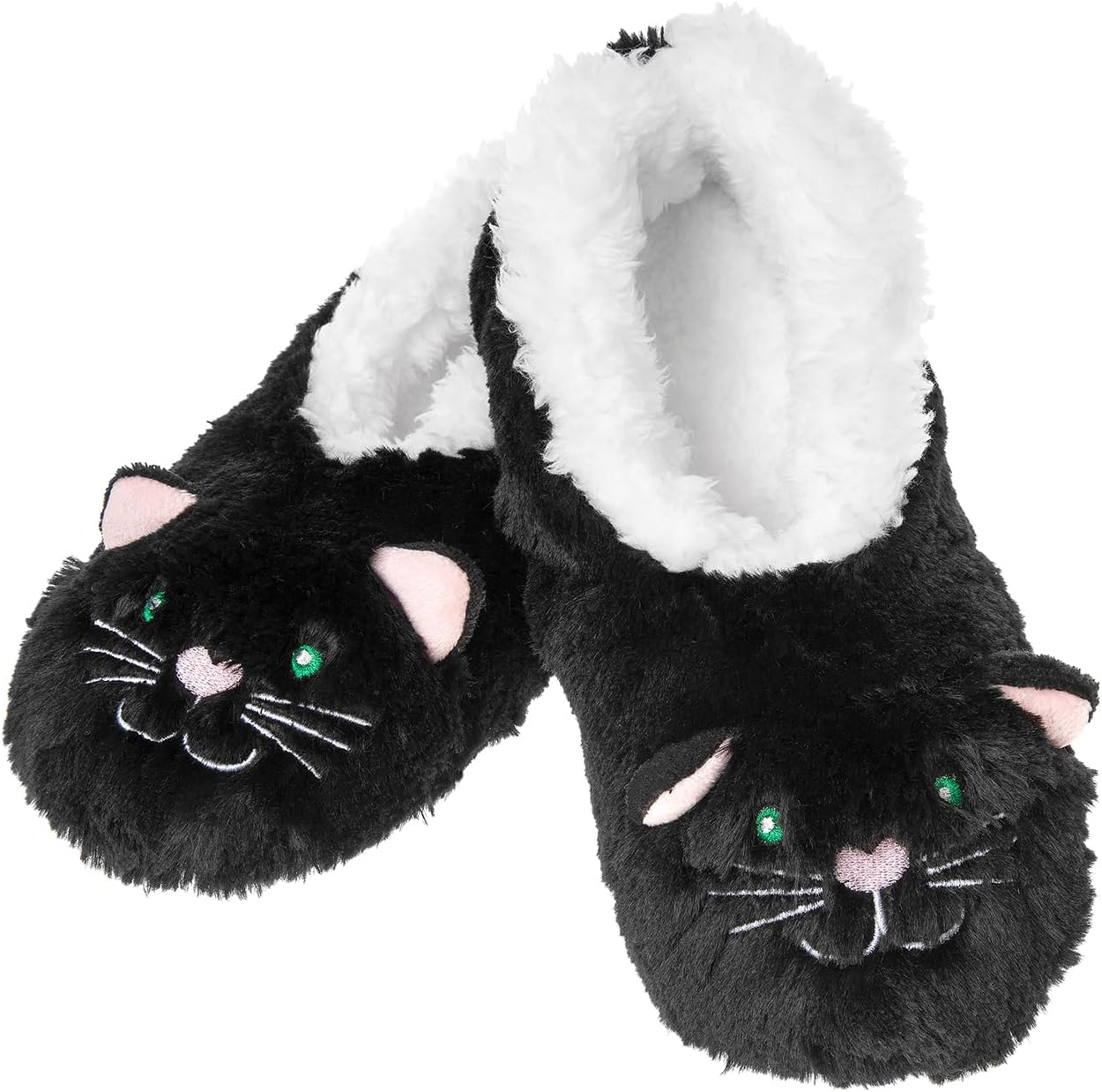 Snoozies! Sherpa Fleece Womens Slippers with Non Slip Sole - Furry Foot Pals Animal Designs - Black Cat, Dog, Mouse or Pink Pig