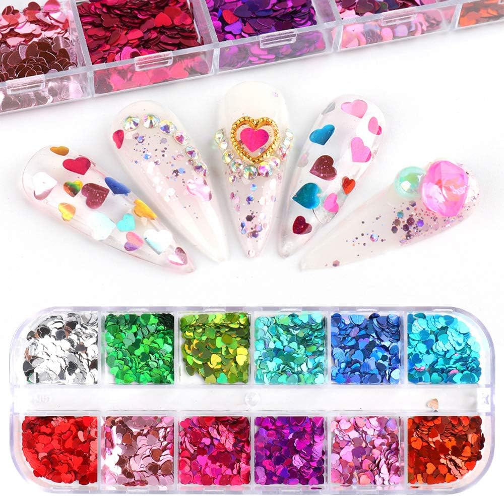 Macute Heart Nail Glitter Sequins Set of 24 Colors Holographic Heart Nail Confetti 3D Laser Heart Shape Nail Decals Flakes Ultra-Thin Nail Accessory Glitters Heart for Nail Art Decor Valentine&rsquo;S Day image number 6