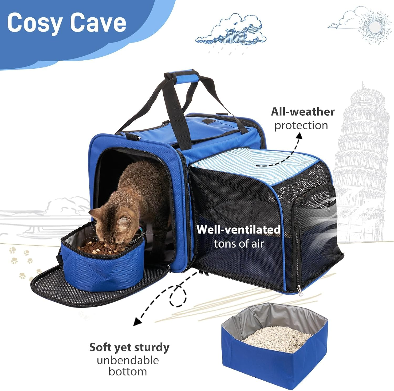 Cat Carrier with Litter Box, Expandable Cat Travel Carrier for Car with Bowl, Soft Sided Cat Carrier for Cats/Puppies up to 20 Lbs, Blue - Grey image number 6
