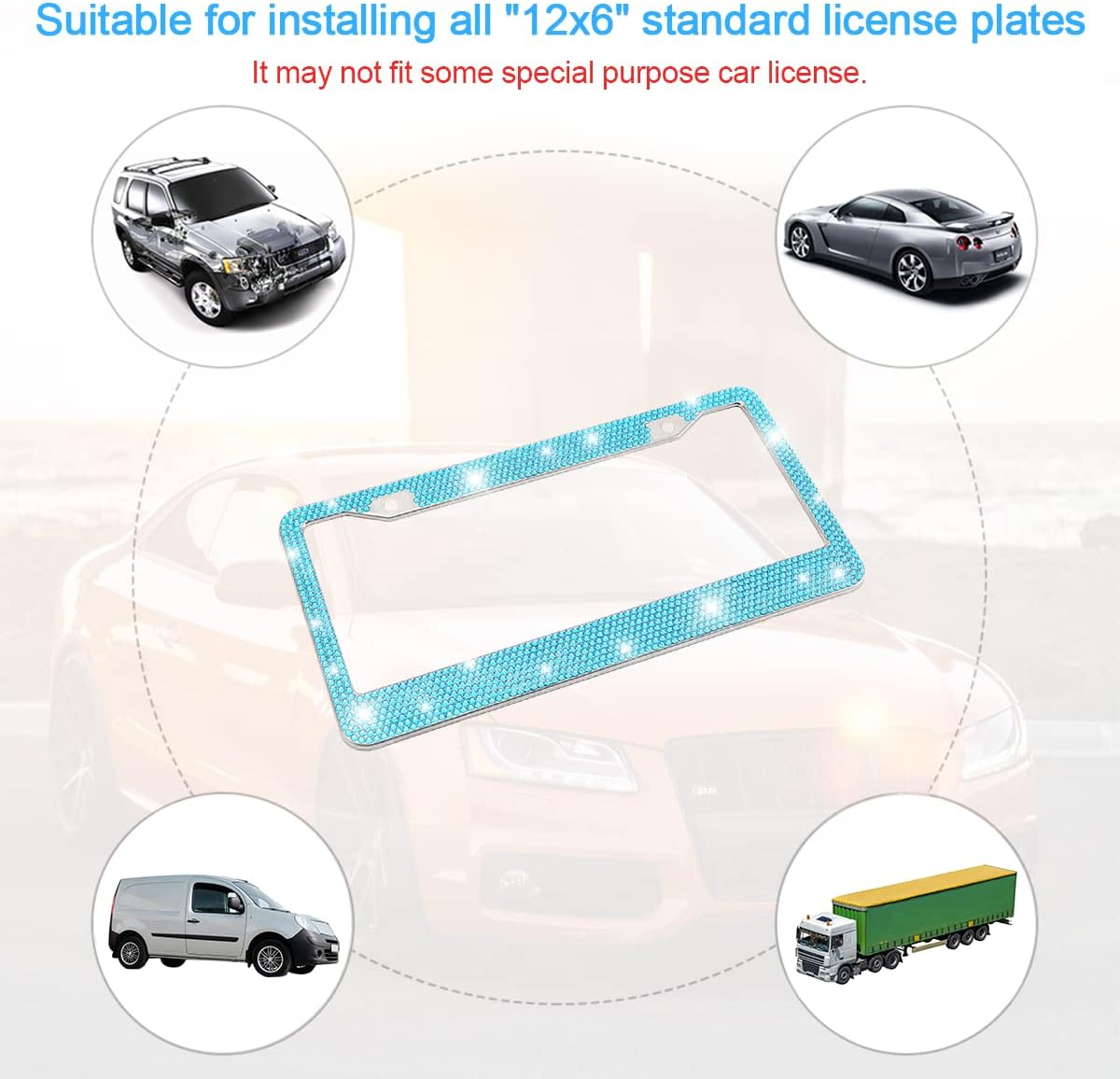 Bling Car License Plate Frame, Sparkly Rhinestone Stainless Steel License Plate Cover/Holder, Universal for Most Cars, Suvs, Vehicles with Screw Set, Auto Accessories for Women (Light Blue) - Ab Color image number 4