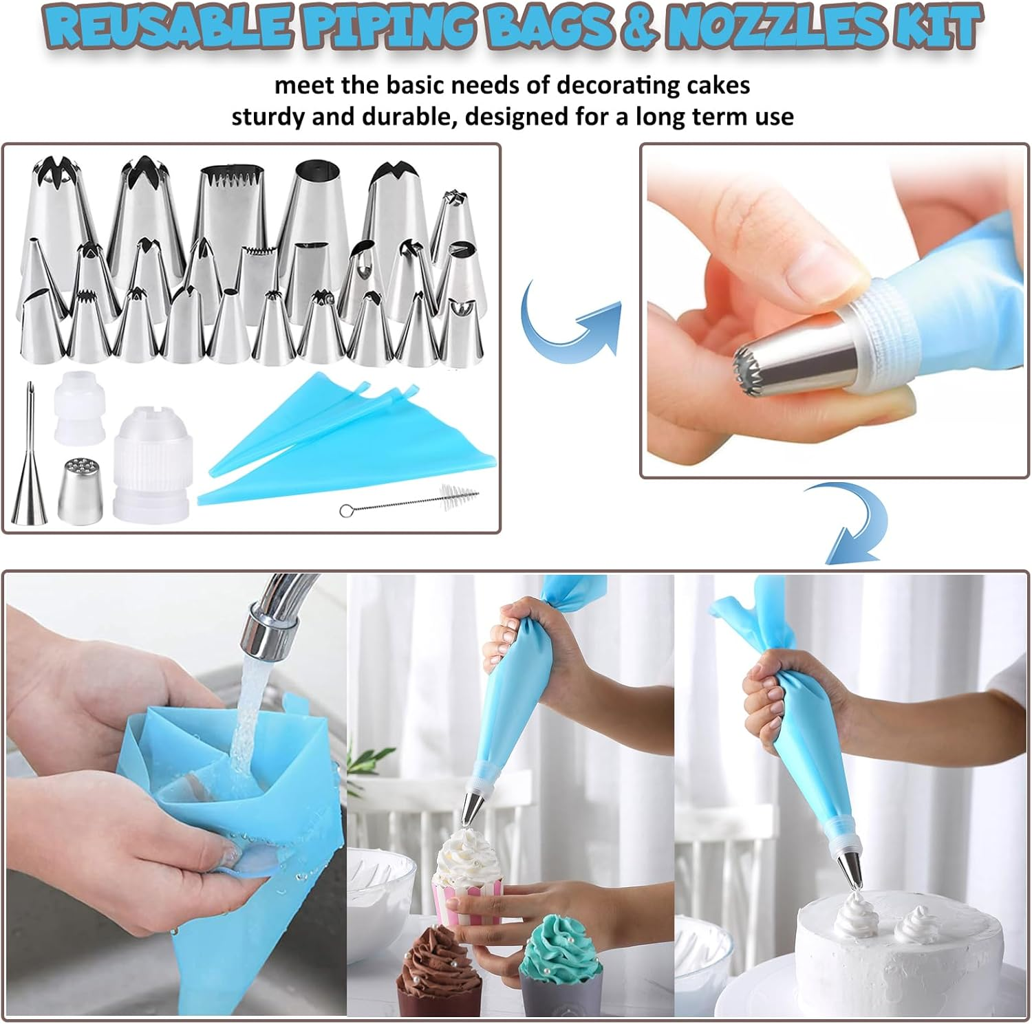 54Pcs Cake Decorating Kit Baking Tools Supplies with Cake Turntable, Cake Leveler, 27 Piping Nozzles, 2 Pastry Bag, 2 Coupler, 2 Spatulas, 4 Scrapers, 14 Fondant Embossers & 1 Cleaning Brush image number 5