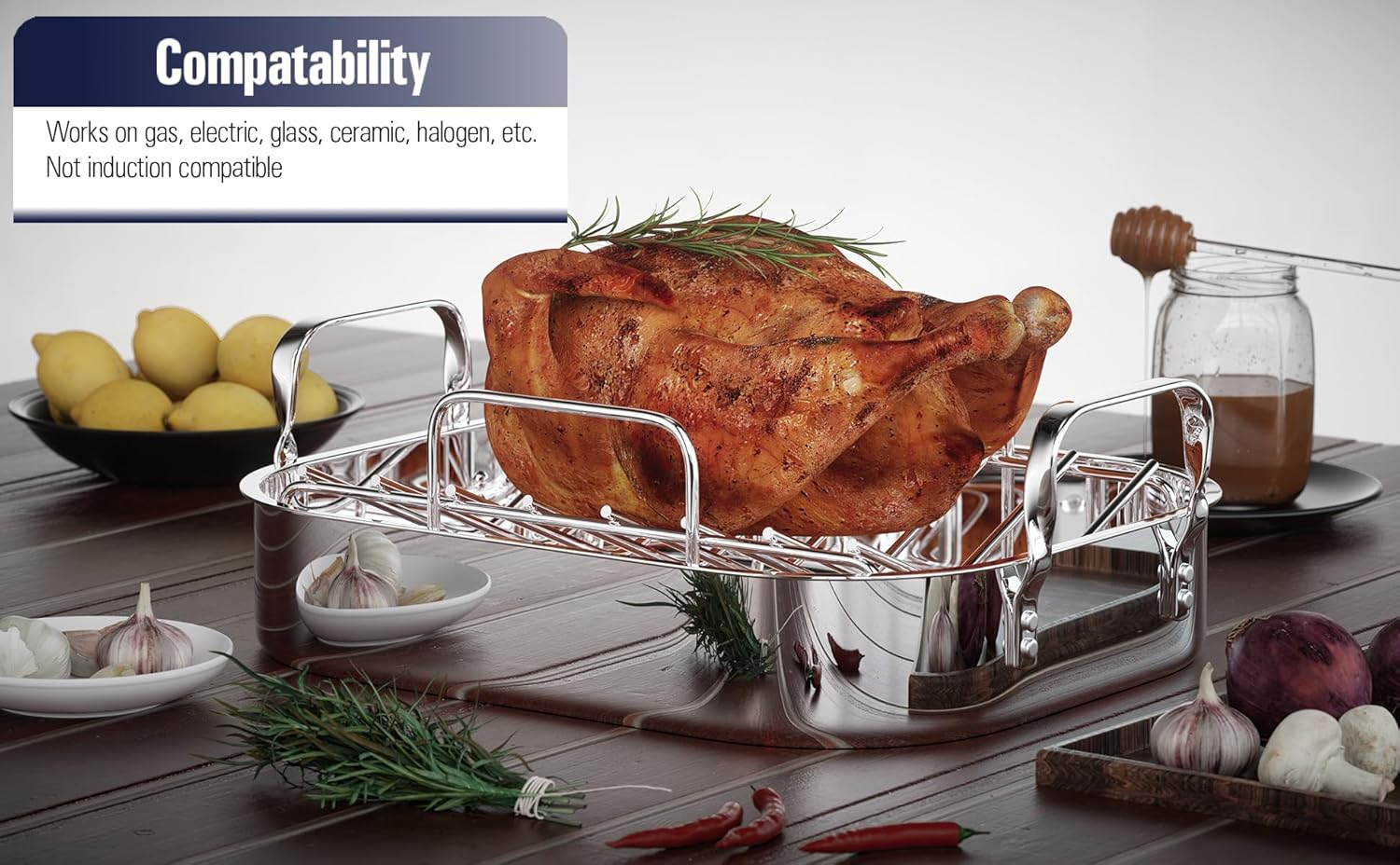 Cooks Standard Stainless Steel Roaster Pan with V-Shaped Rack, 16-Inch by 13-Inch Turkey Roasting Pan Bakeware for Oven, Rectangular image number 4