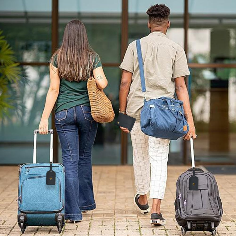 CALFOVERA 2 Sets Metallic Airplane Pattern Luggage Tag Mr and Mrs Honeymoon Passport Wallets Travel Holder PU Leather Black Couple Passport Cover Blocking Card Slots Rfid Case Suitcase for Women Men image number 5