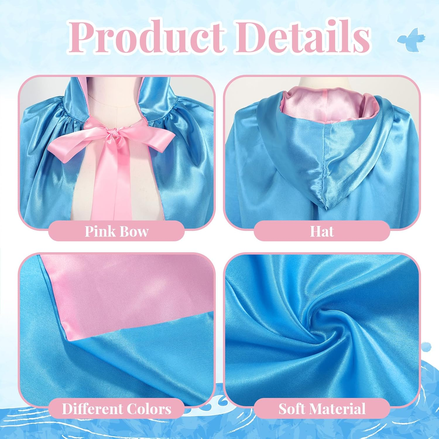 Haysandy Blue Fairy Hooded Cloak Costume, Polyester Cape Cosplay Cloak Princess Costume with Pink Ribbon for Women Girls image number 6
