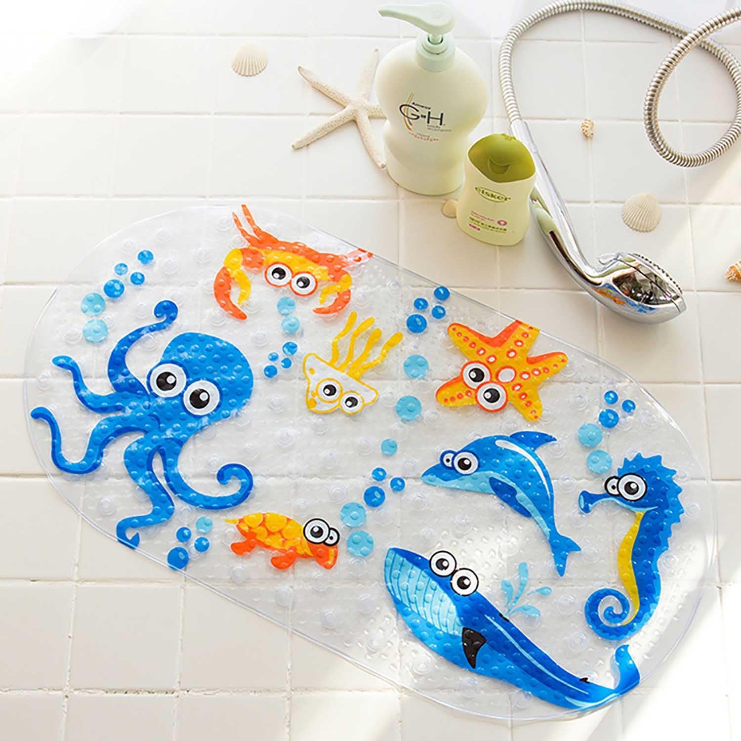 QYINXIU Cartoon Baby Bath Mat for Kids, Bathtub Mat Non Slip, Bath Tub Shower Mat anti Slip with Drain Holes and Suction Cups Machine Washable, 27.2 X 15 Inch image number 1