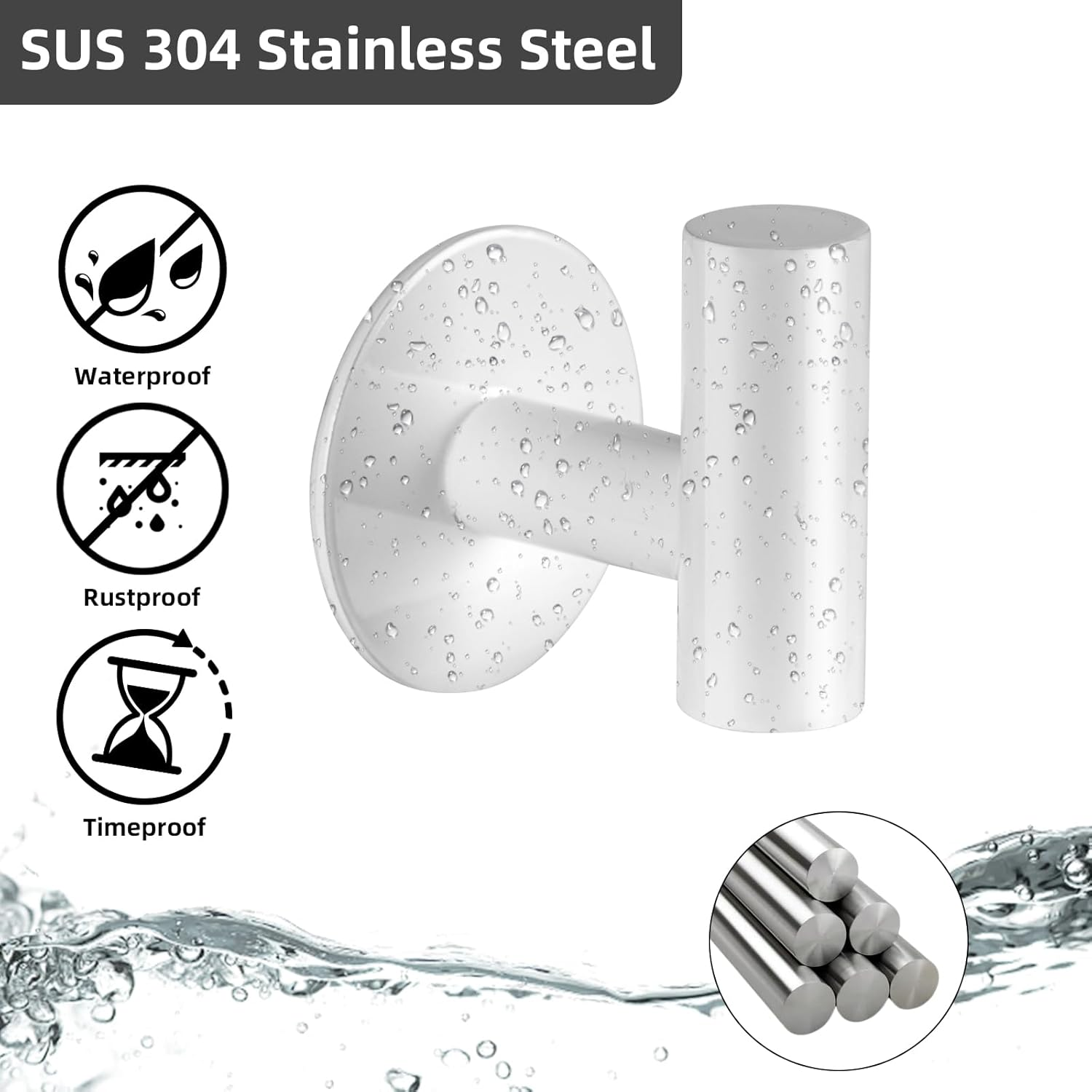 YUET Bath Towel Robe Hooks Self Adhesive No Drilling, Stick on Metal Coat Hooks, SUS 304 Stainless Steel Clothes Holder, Shower Wall Hook for Bathroom Hotel Kitchen Office Closet, 2 Pack (White) image number 5