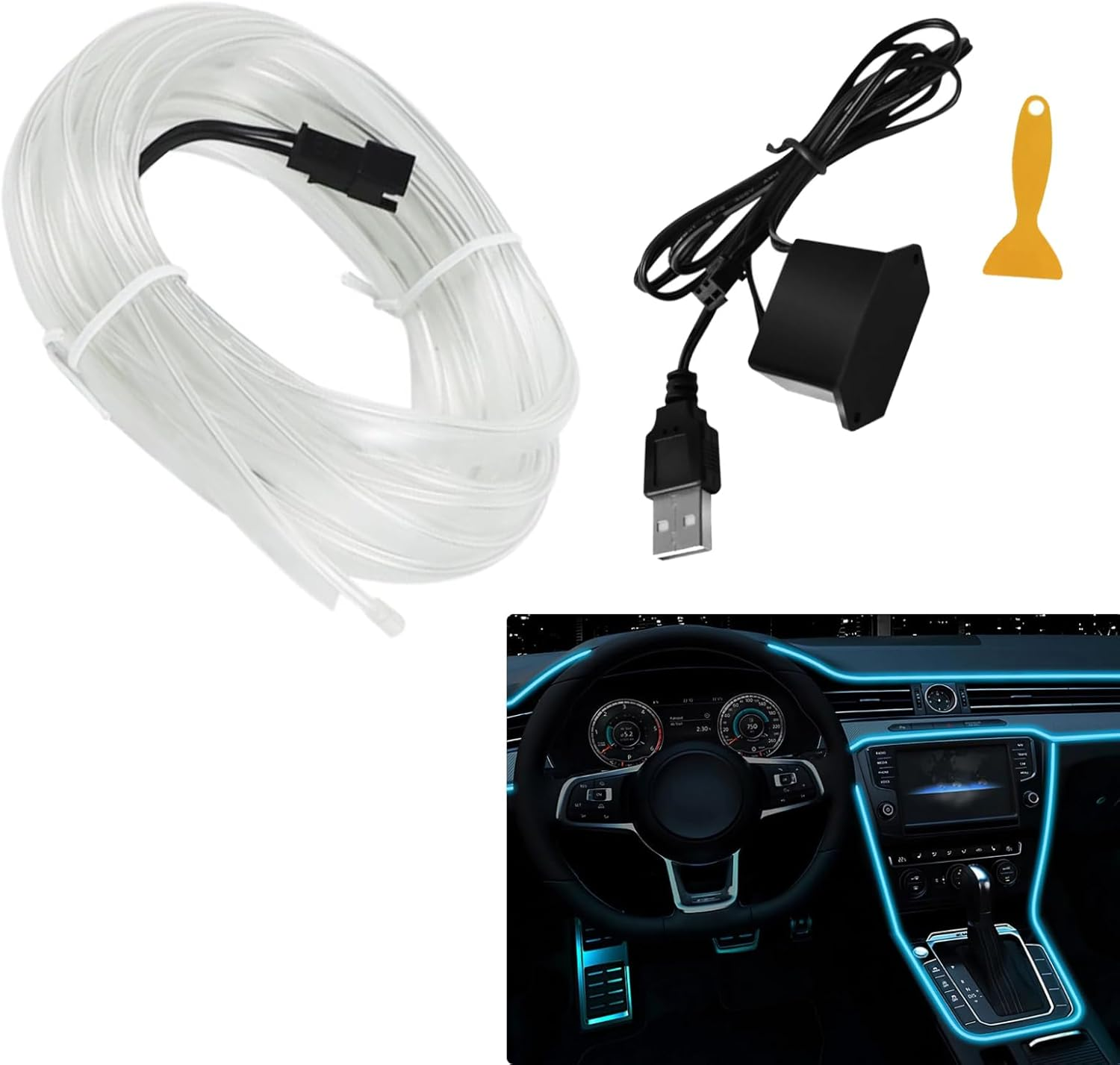 EL Wire Interior Car LED Strip Lights, 5M Usb-Powered Car Ambient LED Light Strip for Auto Indoor Gap Decorations Dashboard Accessories (Ice Blue) image number 1