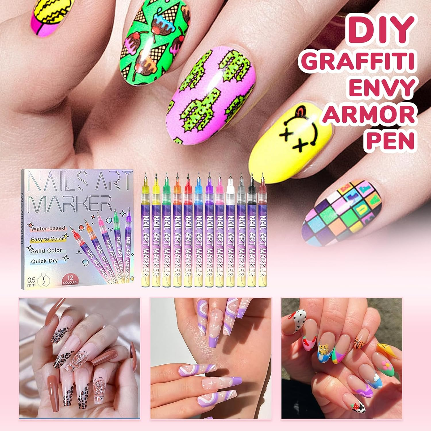 12 Colors Nail Art Pens Set,Vibrant Colors 12 Piece Nail Pens,0.5Mm Fine Tip Portable Plastic Nail Art Tools for Home Nail Salon on the Go image number 2