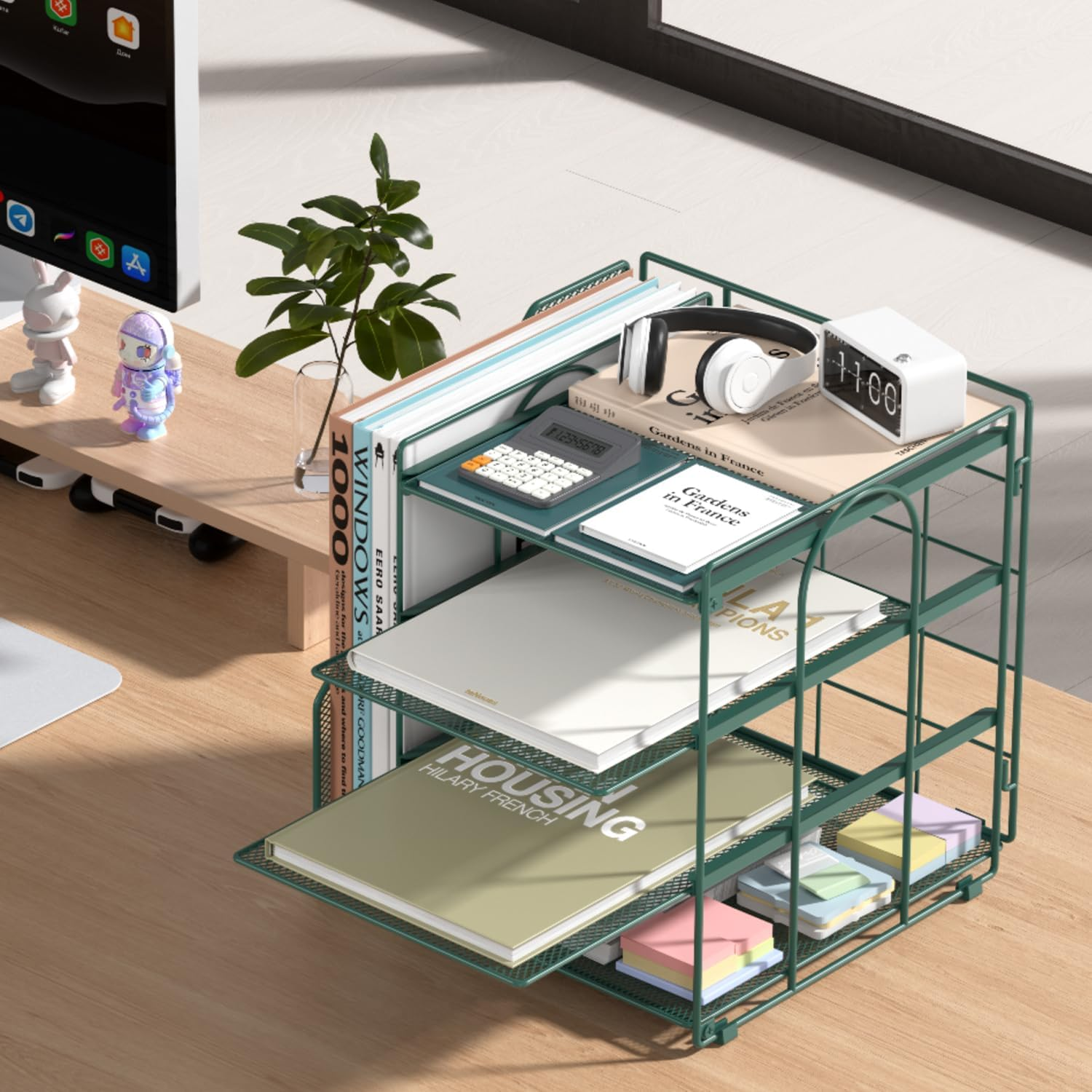 Becomrock Desk File Organizer and Accessories, 4-Tier Paper Organizer with Vertical File Holder, Office Desk Accessories & Workspace Organizers and Storage for Office Supplies (Green) image number 1