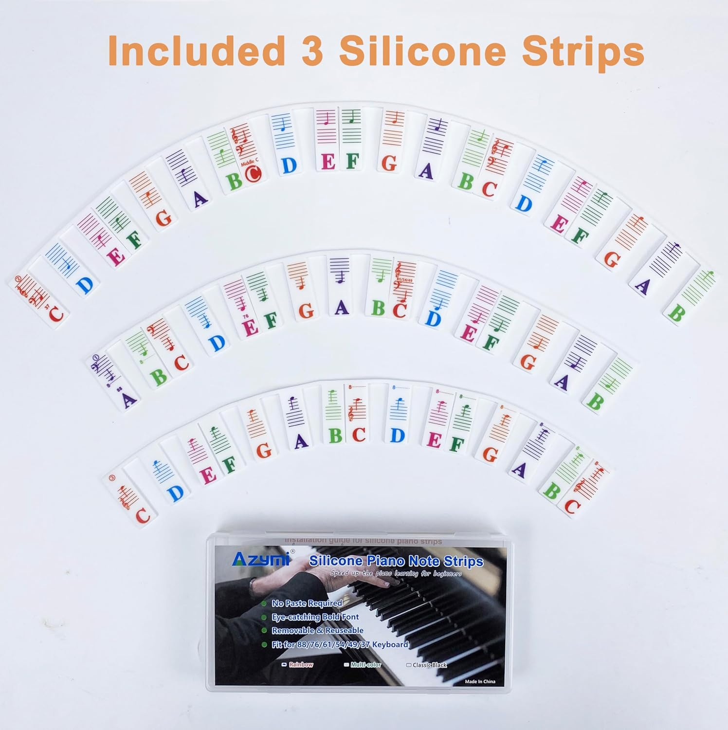 Piano Key Labels, Azymi Removable Keyboard Note Guide for Beginner for 88/76/61/54/49/37 Keys Reusable Silicone Strips Multi-Color Larger Bold Letter for Kids image number 2