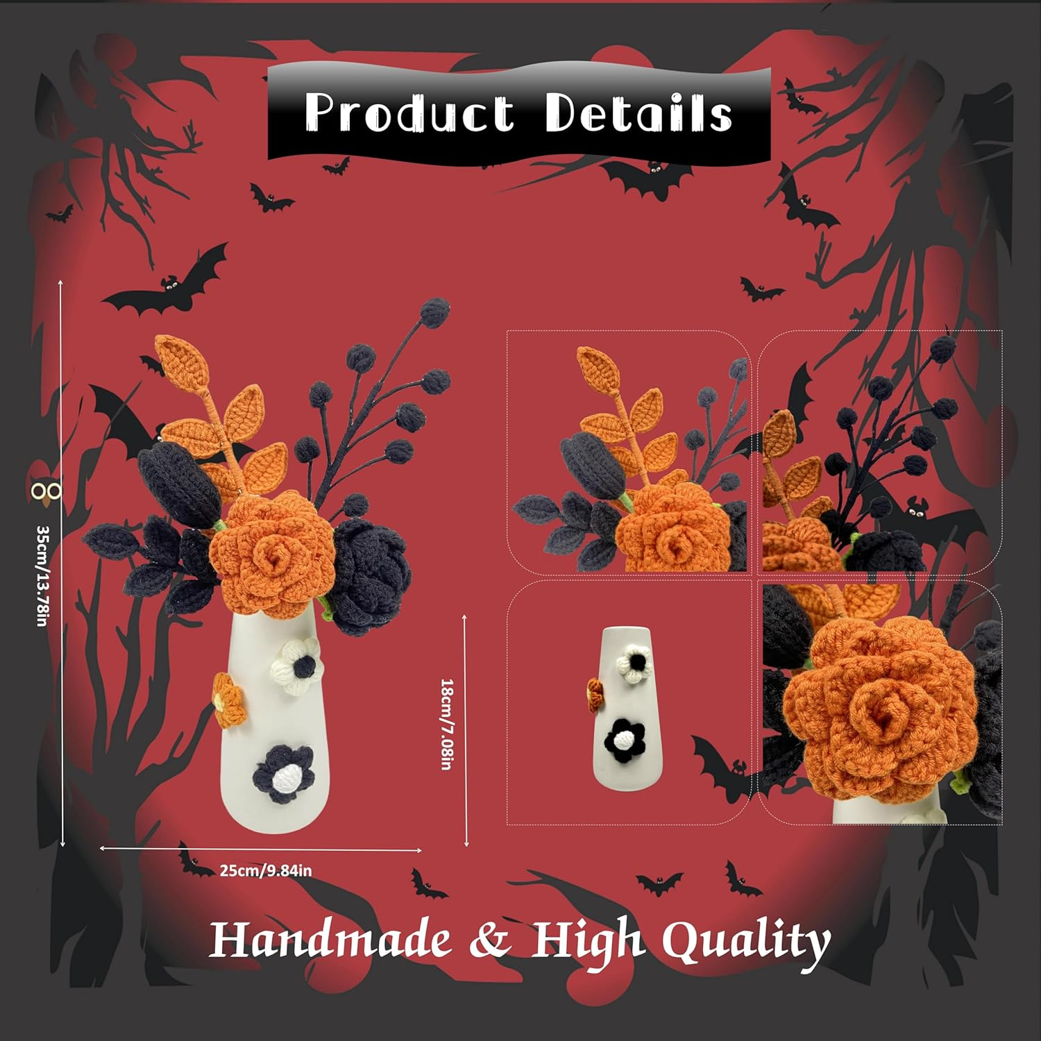 Noristyle Halloween Bouquet Crochet Flowers with Vase for Halloween Decorations Indoor, Black Orange Handmade Crochet Flowers for Home Office Desk Decor Table Centerpiece (Black) image number 3